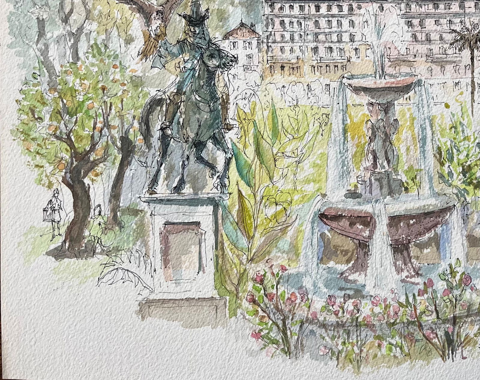 Robert Lepine (1929 - 2017); French Watercolor of Monte Carlo Gardens Set Against the Monaco Hills, - 6