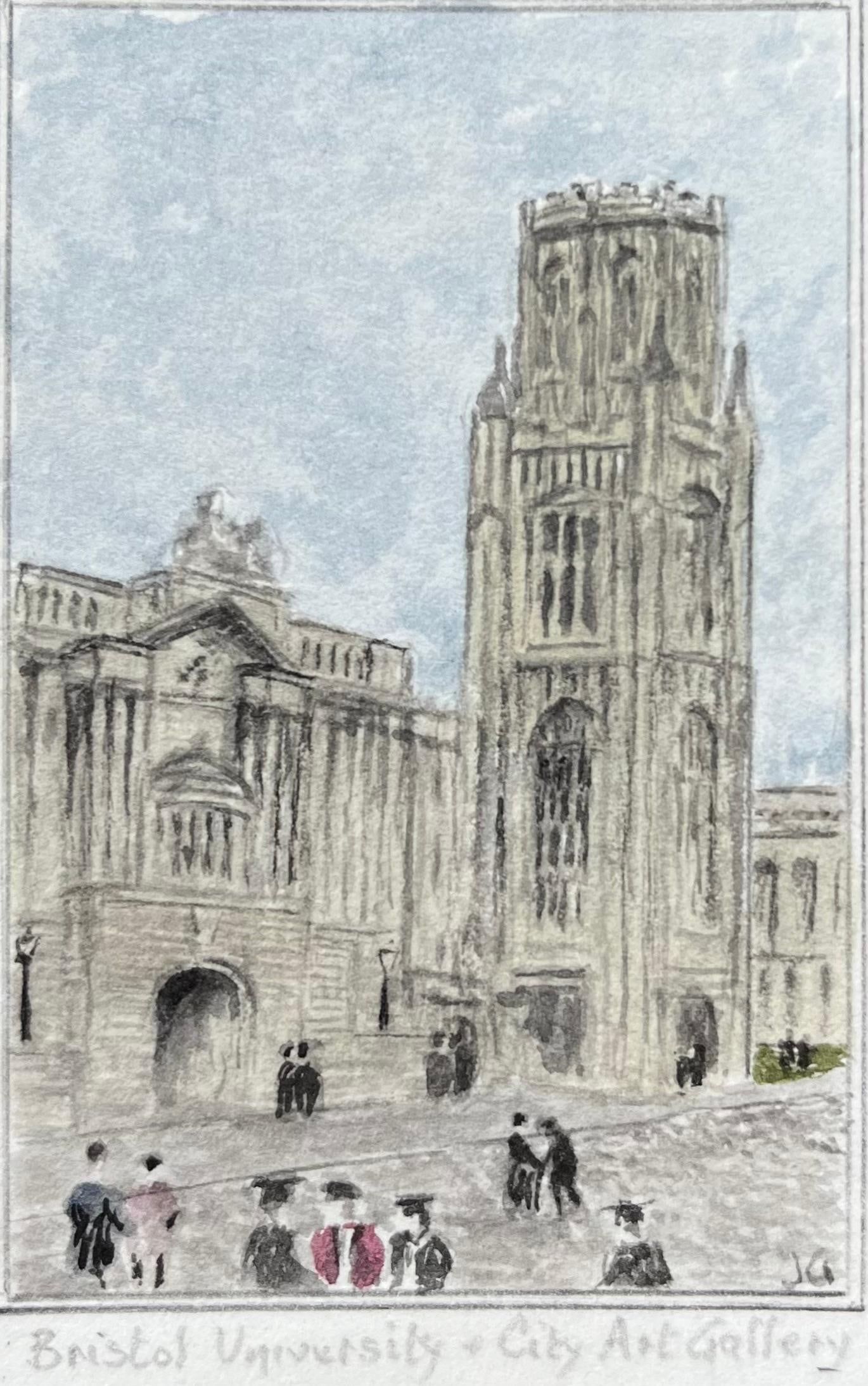 Jack Grunwell; Historic Miniature Watercolor of Bristol University Wills Memorial Building: Title: Jack Grunwell; Historic Miniature Watercolor of Bristol University Wills Memorial Building Description: Castle on the Hill by Max Toutain (1935-2006) oil painting on canvas, unframed canvas : 2