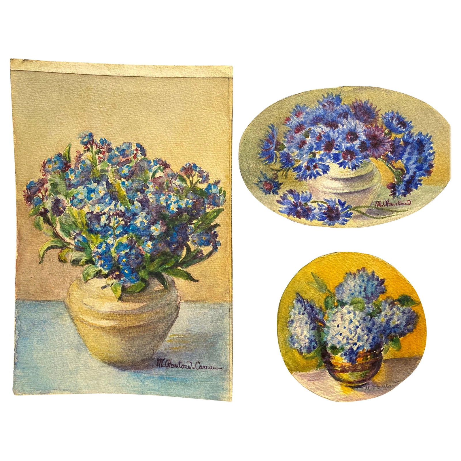 3 x Early 1900's French Impressionist Signed Flower Watercolours Marie Carreau, circa 1900s (1 of 6)