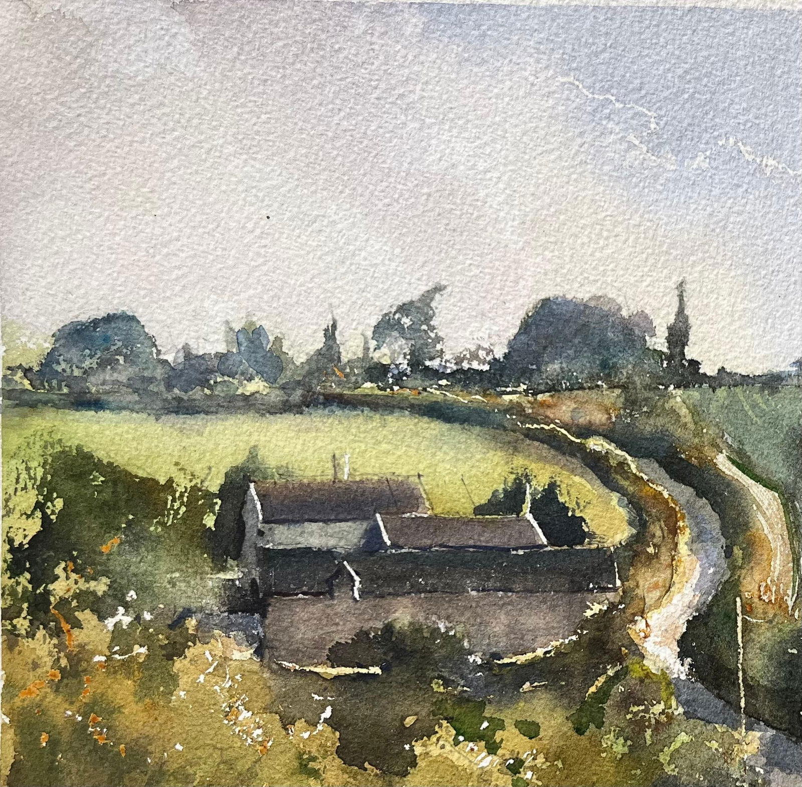 Anthony Avery; British Impressionist Watercolor of Rolling Landscape with Path and Cottages - 11