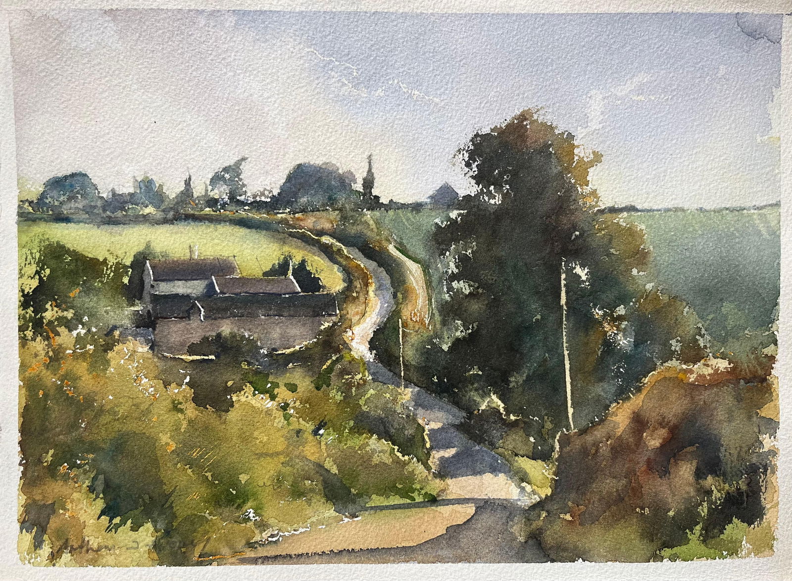 Anthony Avery; British Impressionist Watercolor of Rolling Landscape with Path and Cottages - 13