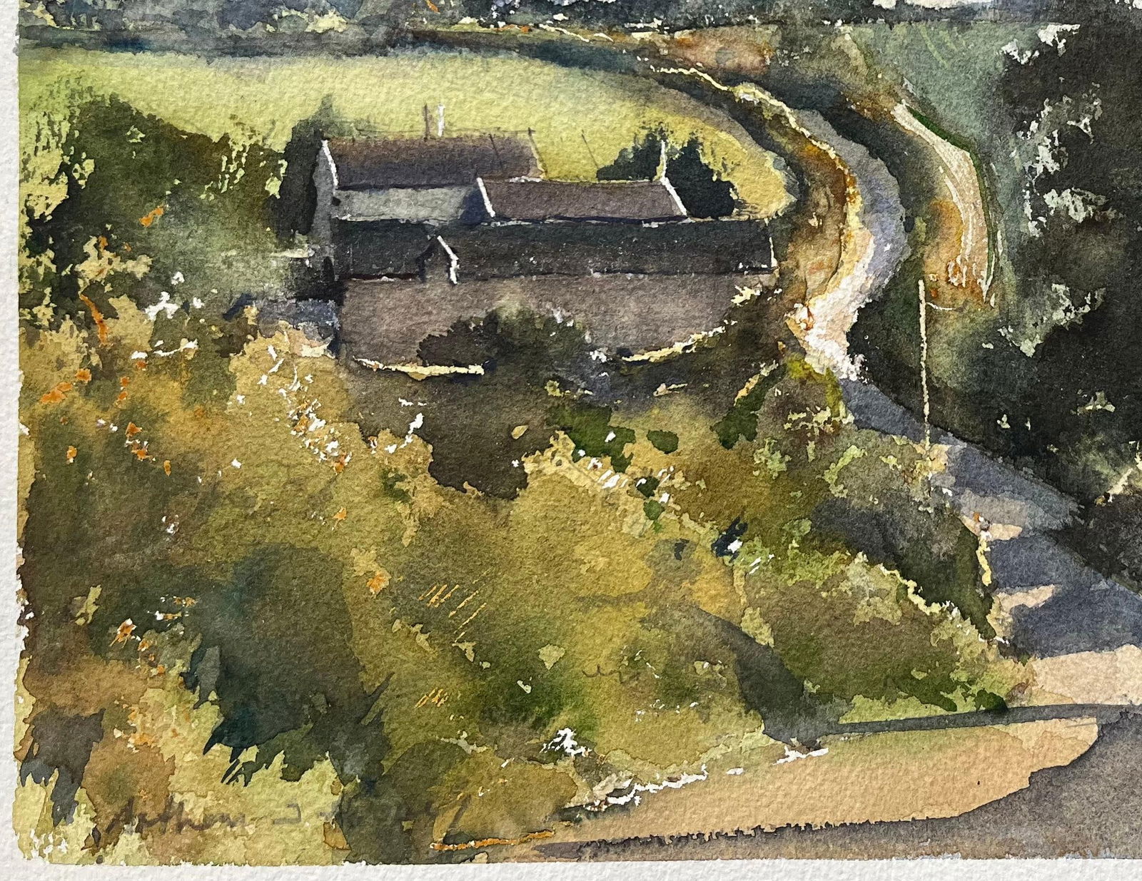 Anthony Avery; British Impressionist Watercolor of Rolling Landscape with Path and Cottages - 16