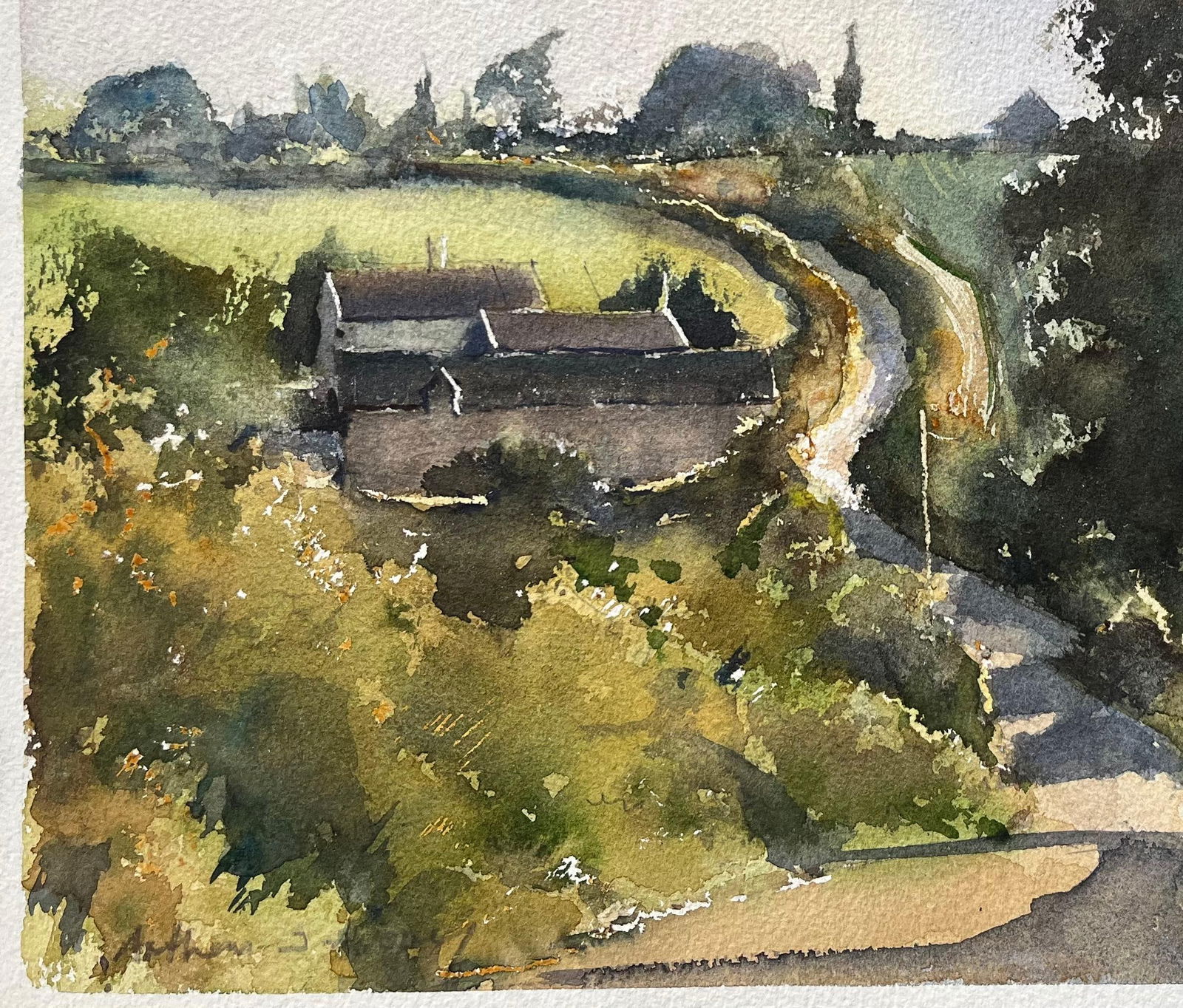 Anthony Avery; British Impressionist Watercolor of Rolling Landscape with Path and Cottages - 3