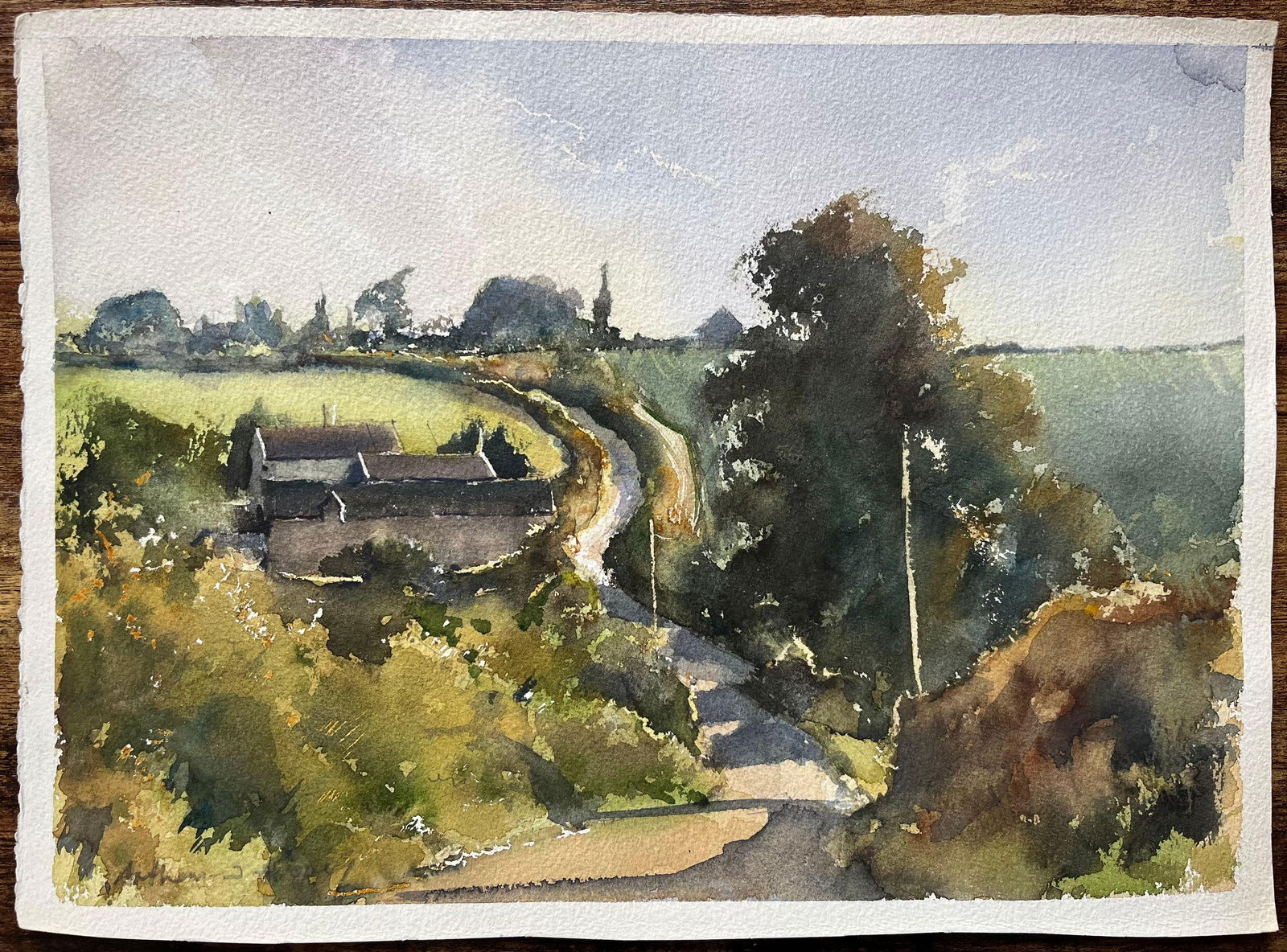 Anthony Avery; British Impressionist Watercolor of Rolling Landscape with Path and Cottages - 8