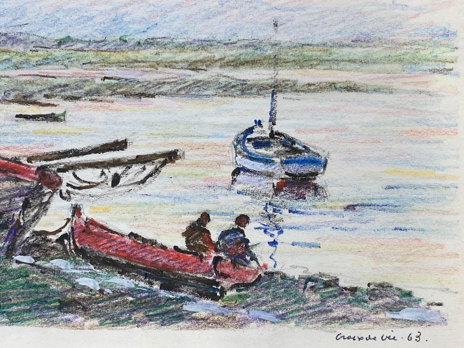Camille Meriot French Signed Impressionist Crayon Drawing, By The Harbour, circa 1940s - 15