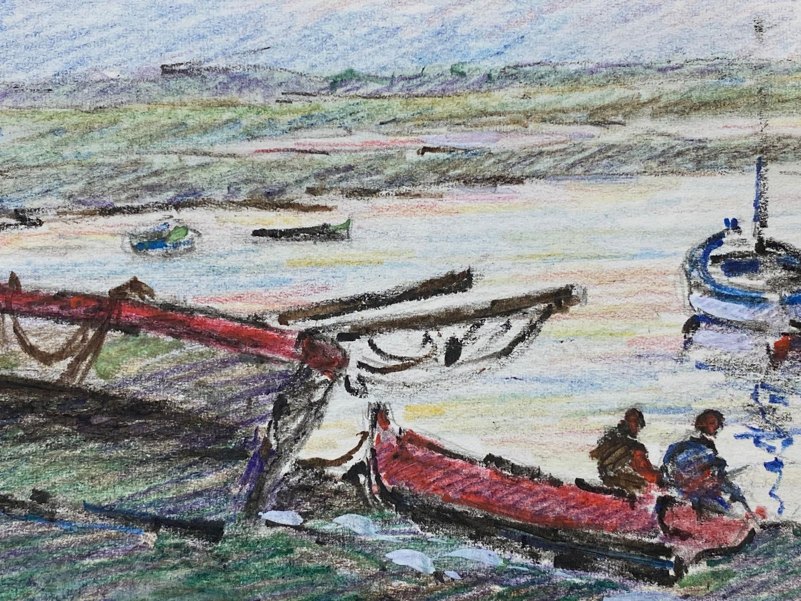 Camille Meriot French Signed Impressionist Crayon Drawing, By The Harbour, circa 1940s - 16