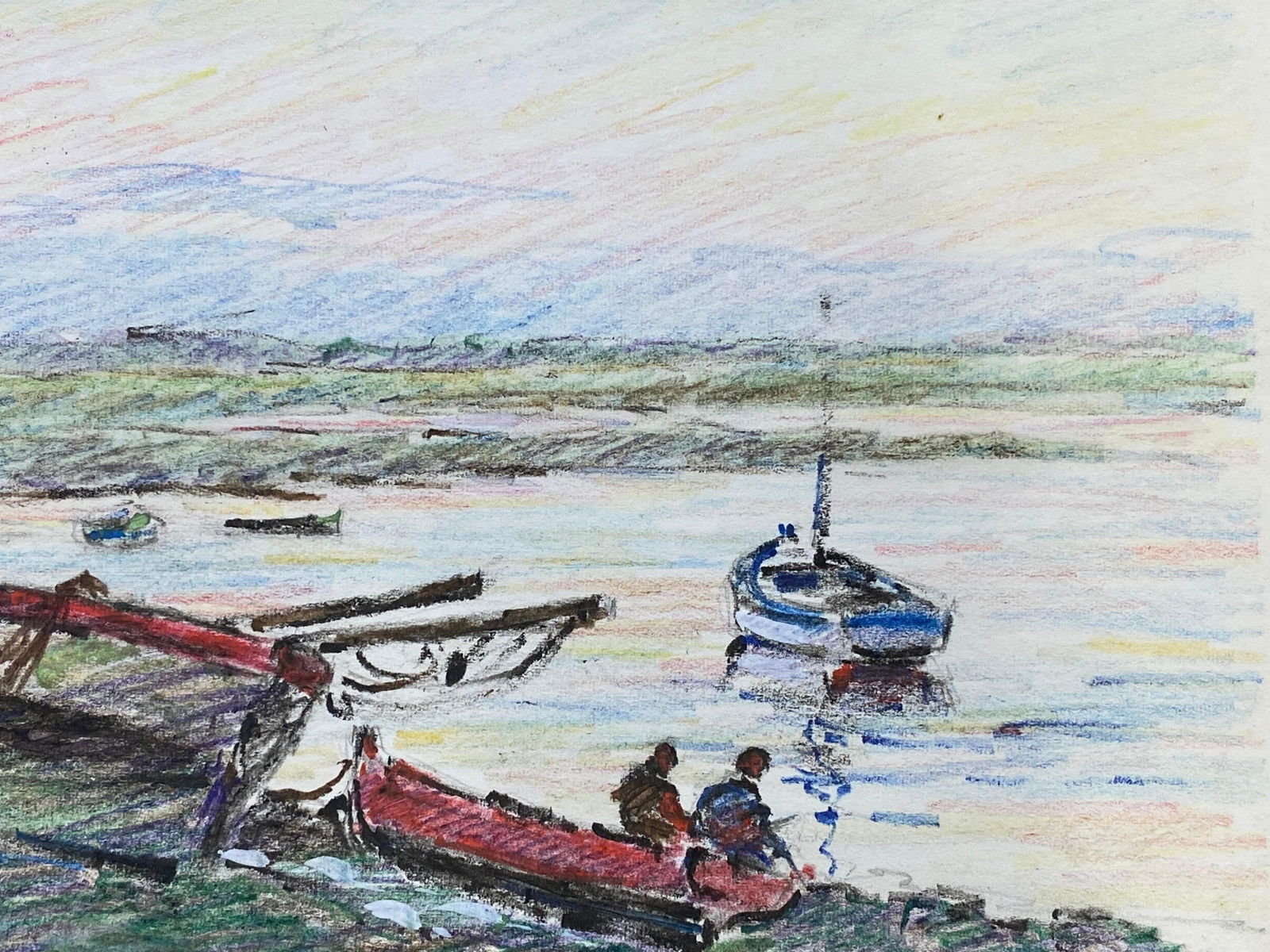 Camille Meriot French Signed Impressionist Crayon Drawing, By The Harbour, circa 1940s - 18