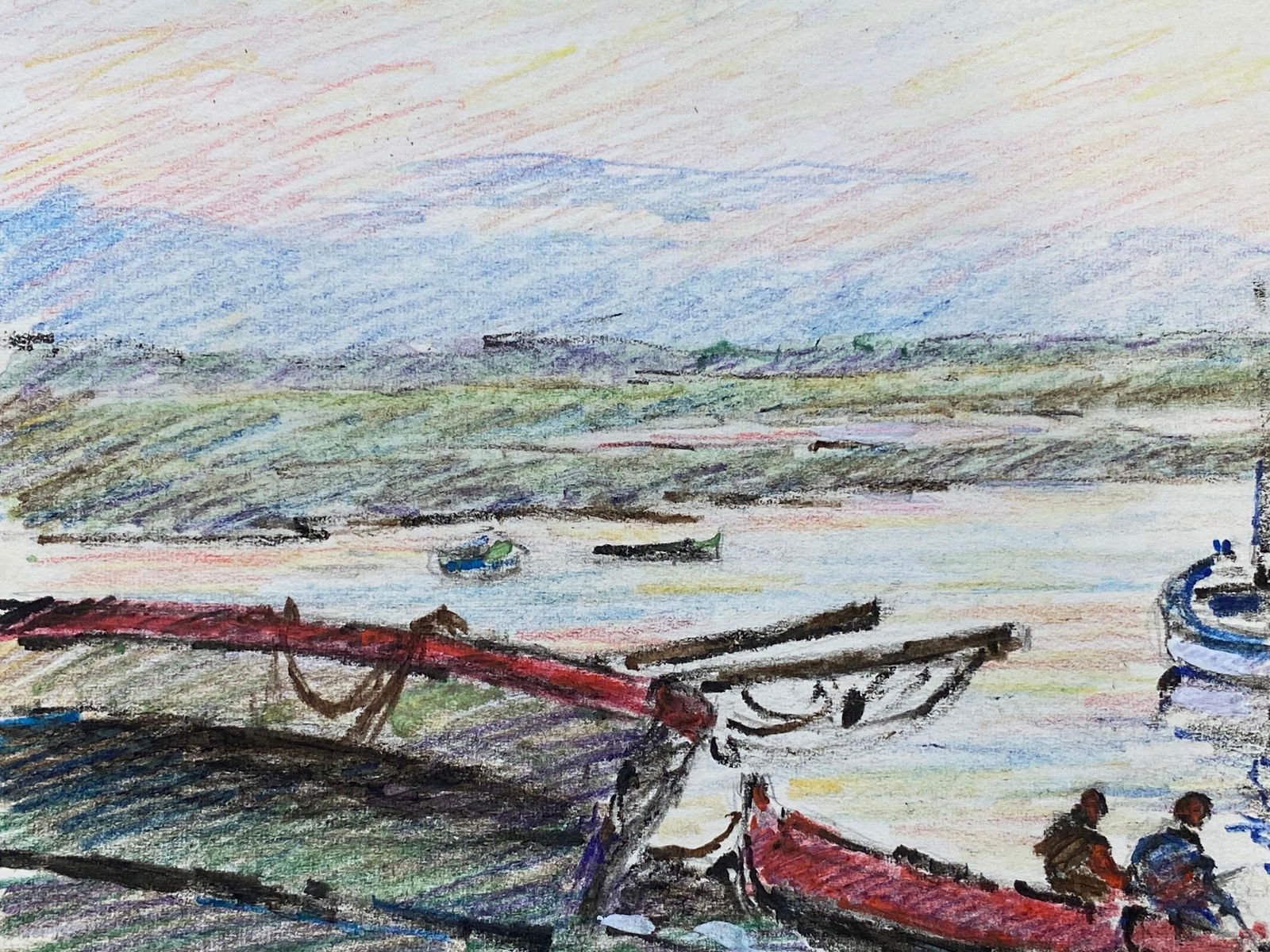Camille Meriot French Signed Impressionist Crayon Drawing, By The Harbour, circa 1940s - 2