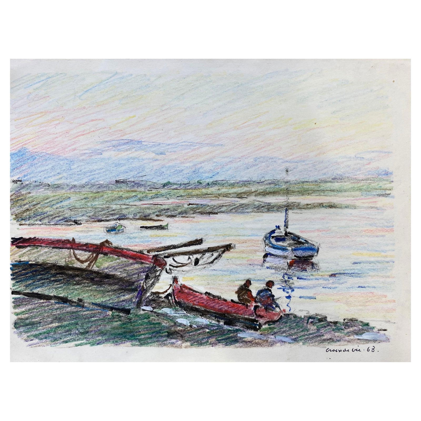 Camille Meriot French Signed Impressionist Crayon Drawing, By The Harbour, circa 1940s - 7