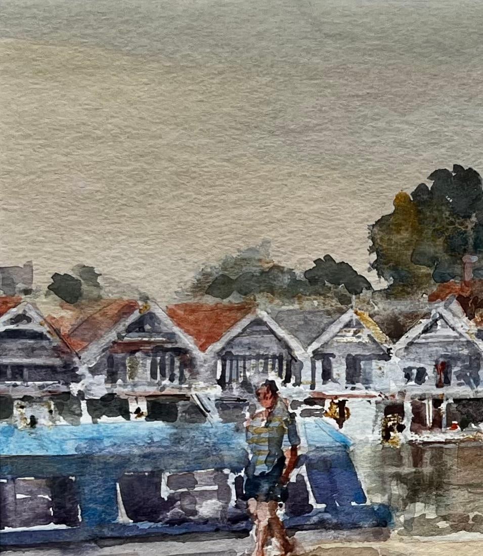Anthony Herbert; Henley Boathouses with Walkers and River Boats Original Thames Watercolour - 9