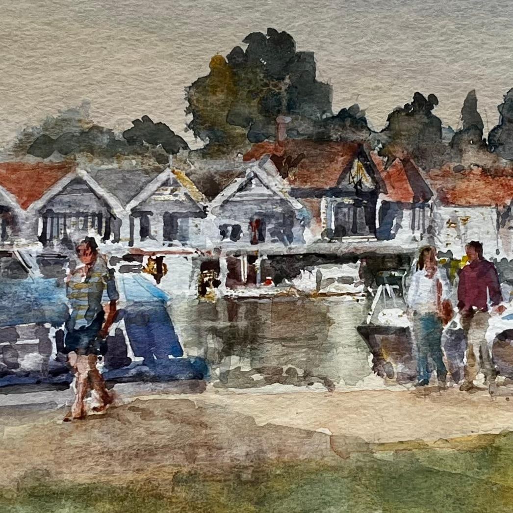 Anthony Herbert; Henley Boathouses with Walkers and River Boats Original Thames Watercolour - 2