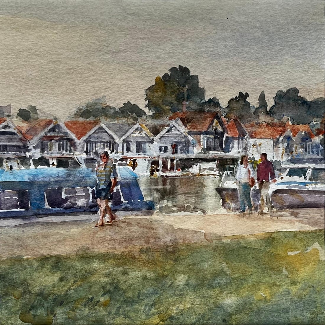 Anthony Herbert; Henley Boathouses with Walkers and River Boats Original Thames Watercolour - 4