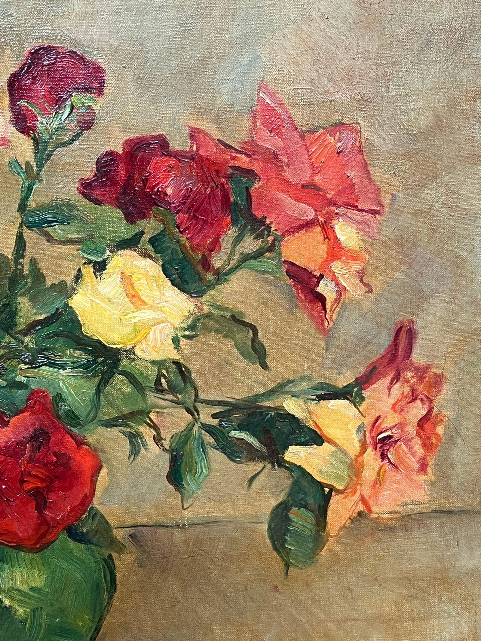 Carlo Cherubini; Mid 20th Century Italian Impressionist Signed Oil Still Life Roses Green Vase - 7