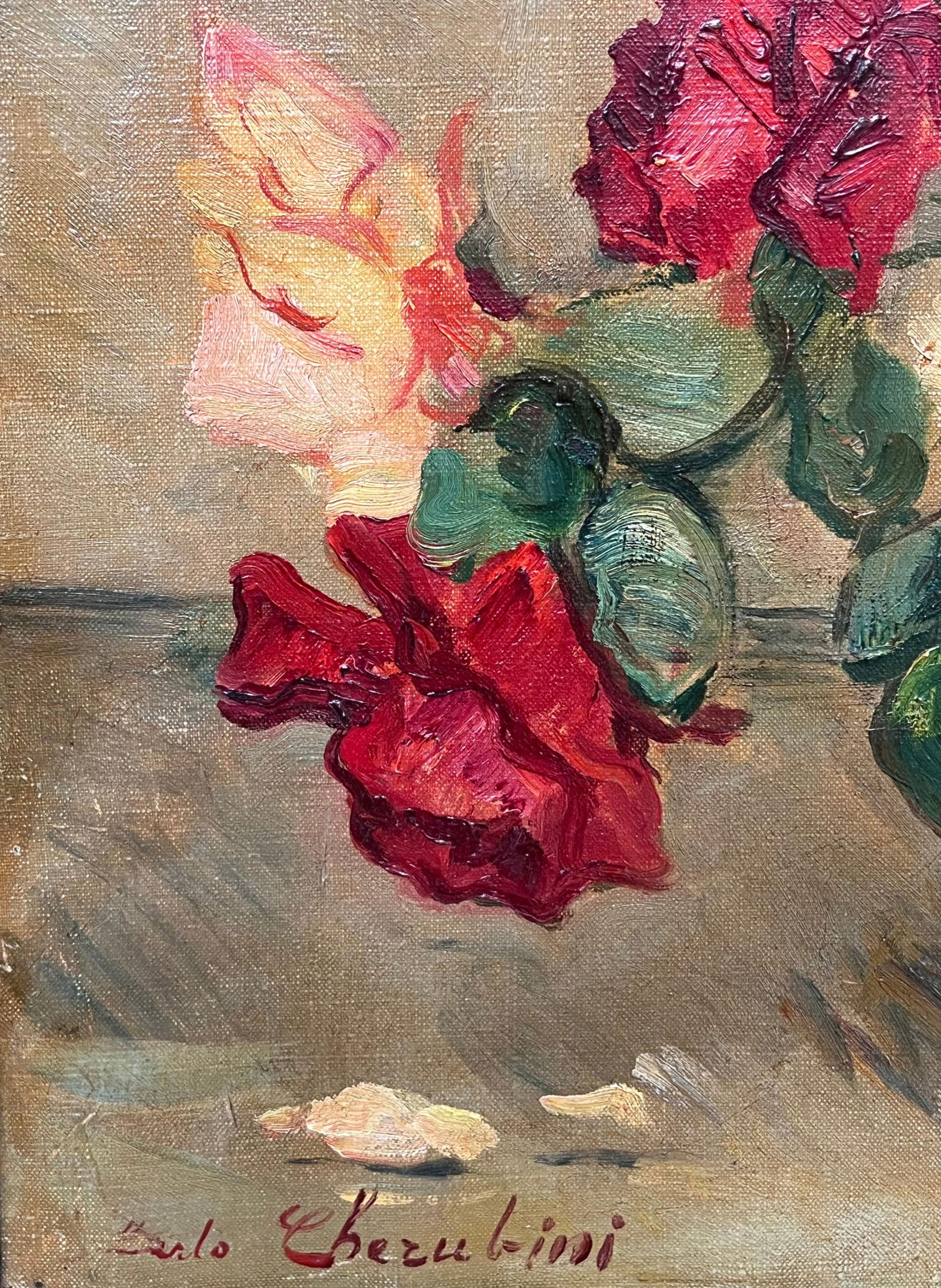 Carlo Cherubini; Mid 20th Century Italian Impressionist Signed Oil Still Life Roses Green Vase - 9