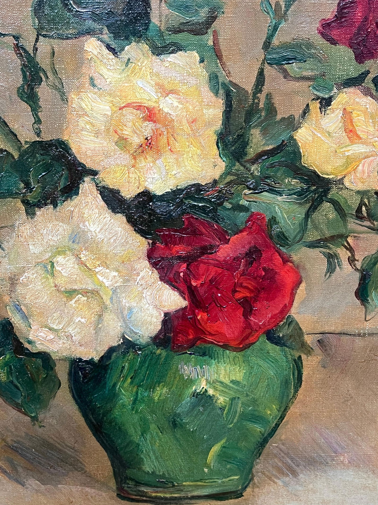 Carlo Cherubini; Mid 20th Century Italian Impressionist Signed Oil Still Life Roses Green Vase - 10