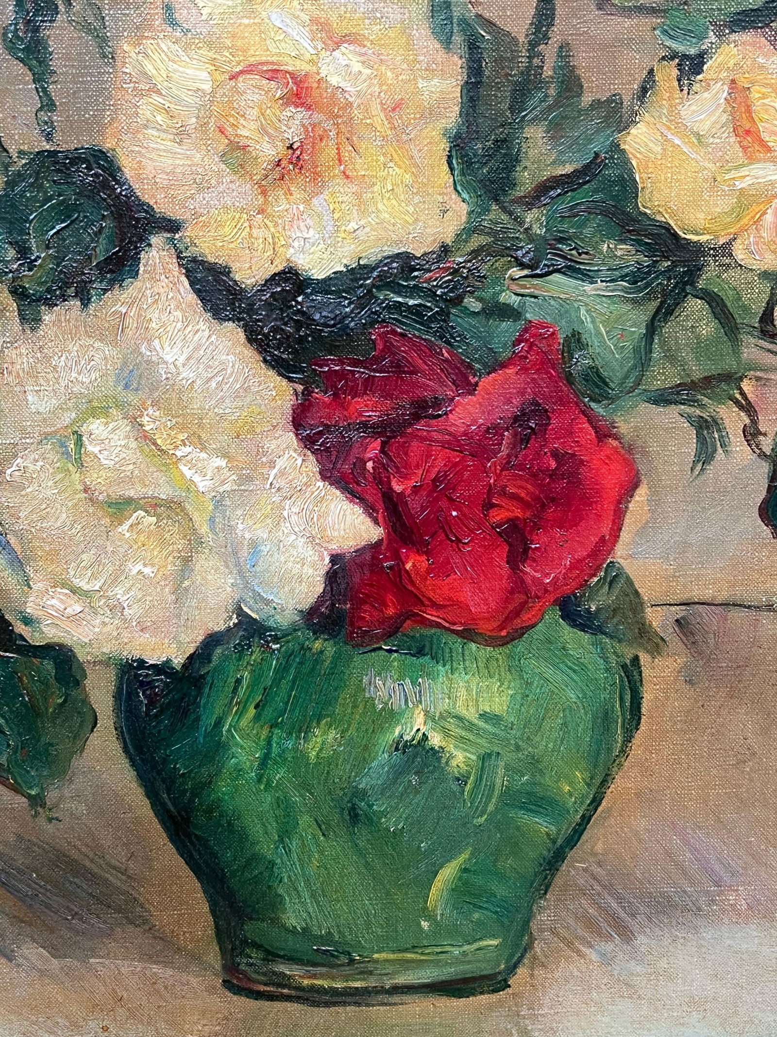 Carlo Cherubini; Mid 20th Century Italian Impressionist Signed Oil Still Life Roses Green Vase - 11