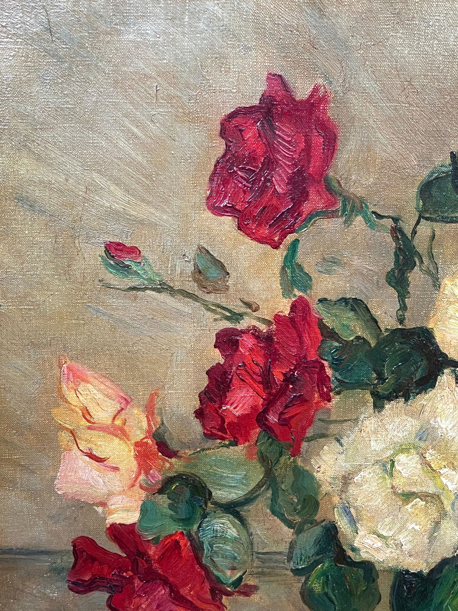 Carlo Cherubini; Mid 20th Century Italian Impressionist Signed Oil Still Life Roses Green Vase - 12