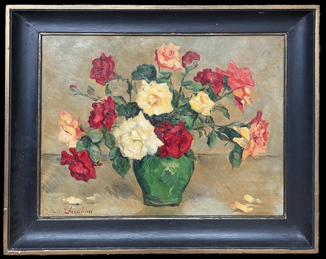 Carlo Cherubini; Mid 20th Century Italian Impressionist Signed Oil Still Life Roses Green Vase - 4