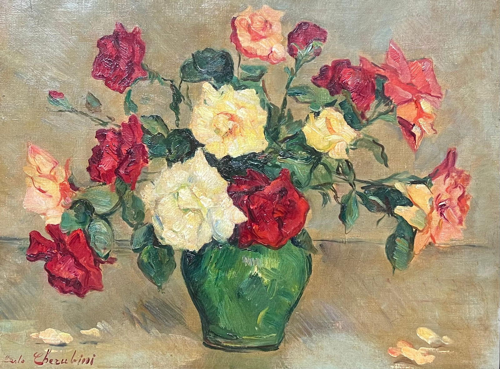 Carlo Cherubini; Mid 20th Century Italian Impressionist Signed Oil Still Life Roses Green Vase - 5