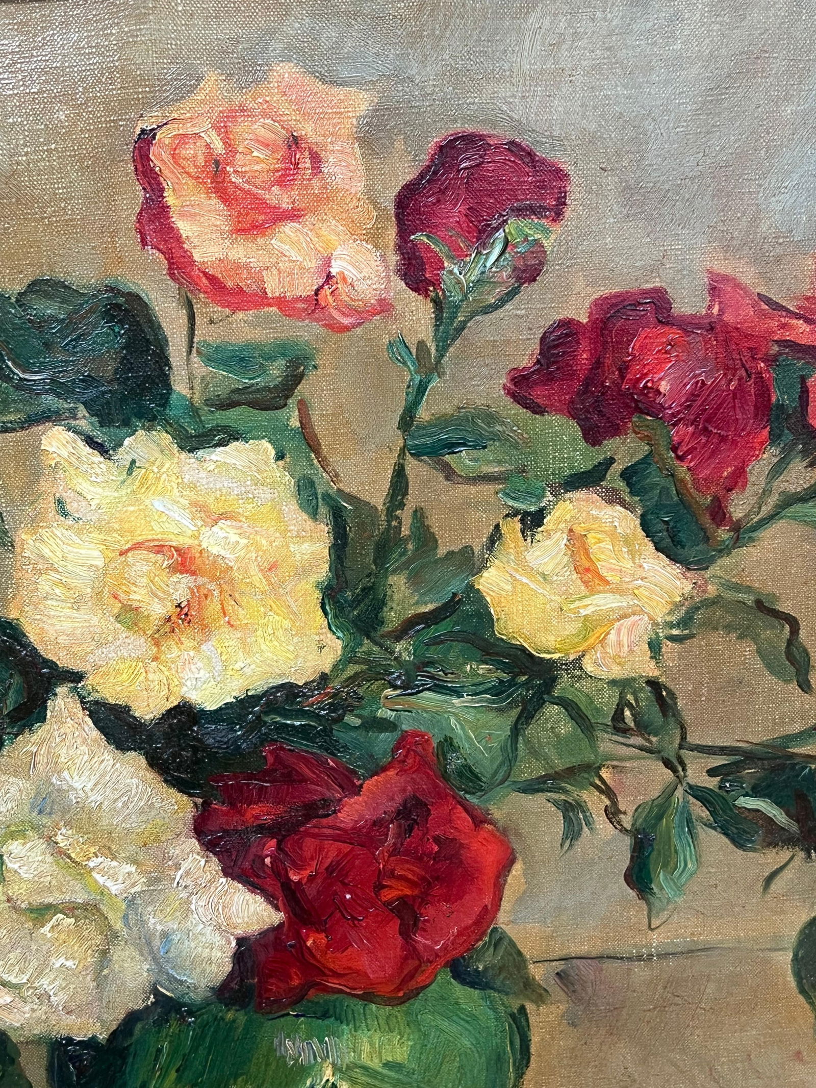 Carlo Cherubini; Mid 20th Century Italian Impressionist Signed Oil Still Life Roses Green Vase - 6