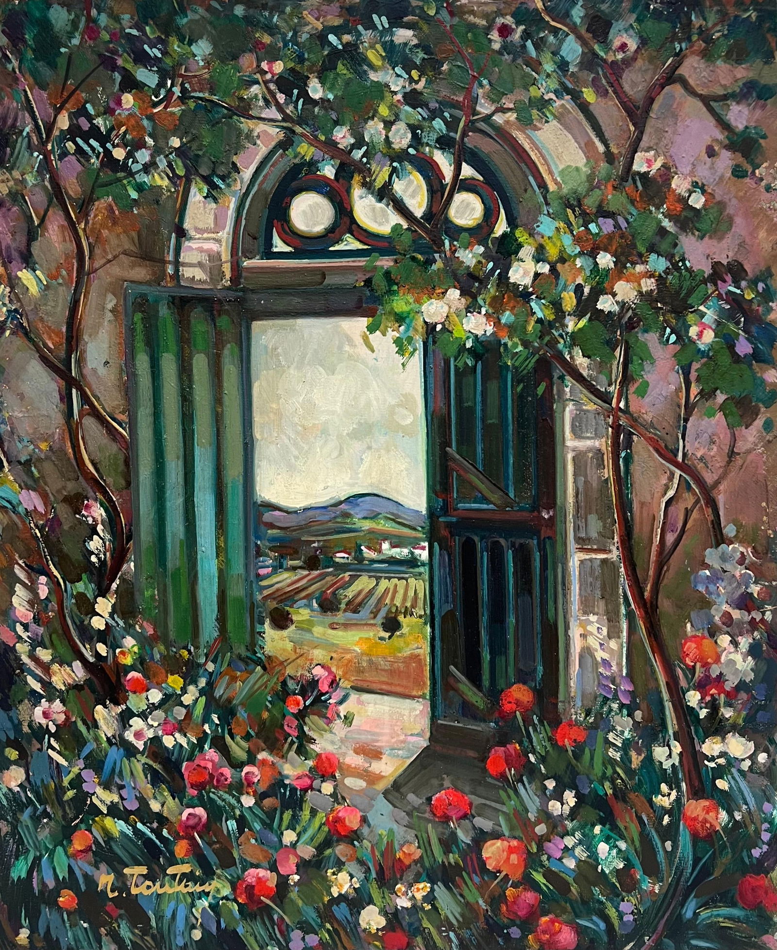 Max Toutain; Green Garden Gate Leading to The Valley French Post Impressionist Painting: Title: Max Toutain; Green Garden Gate Leading to The Valley French Post Impressionist Painting Description: Title: Impressionist French Coastal Scene with Fishermen and Boat in Bretagne By Fanch Lel S