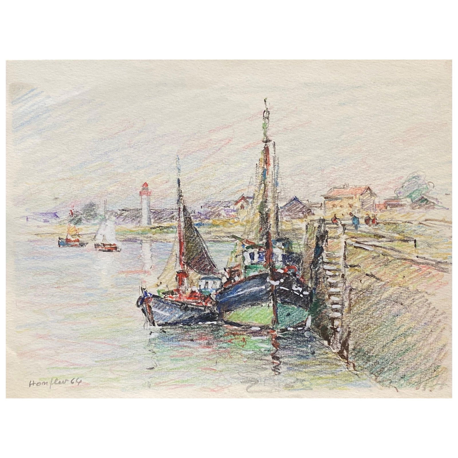 Brittany Fishing Boats in Harbour, French Signed Impressionist Crayon Drawing, circa 1940s (1 of 6)