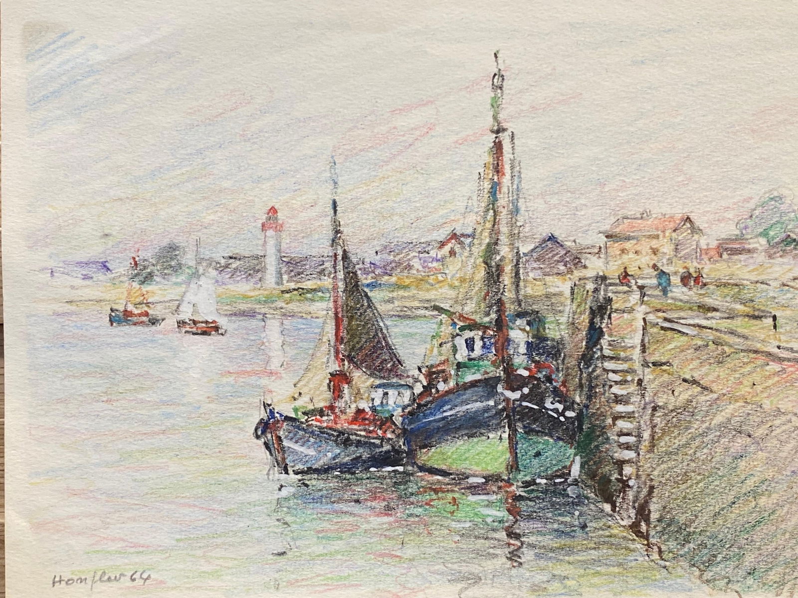 Brittany Fishing Boats in Harbour, French Signed Impressionist Crayon Drawing, circa 1940s - 3