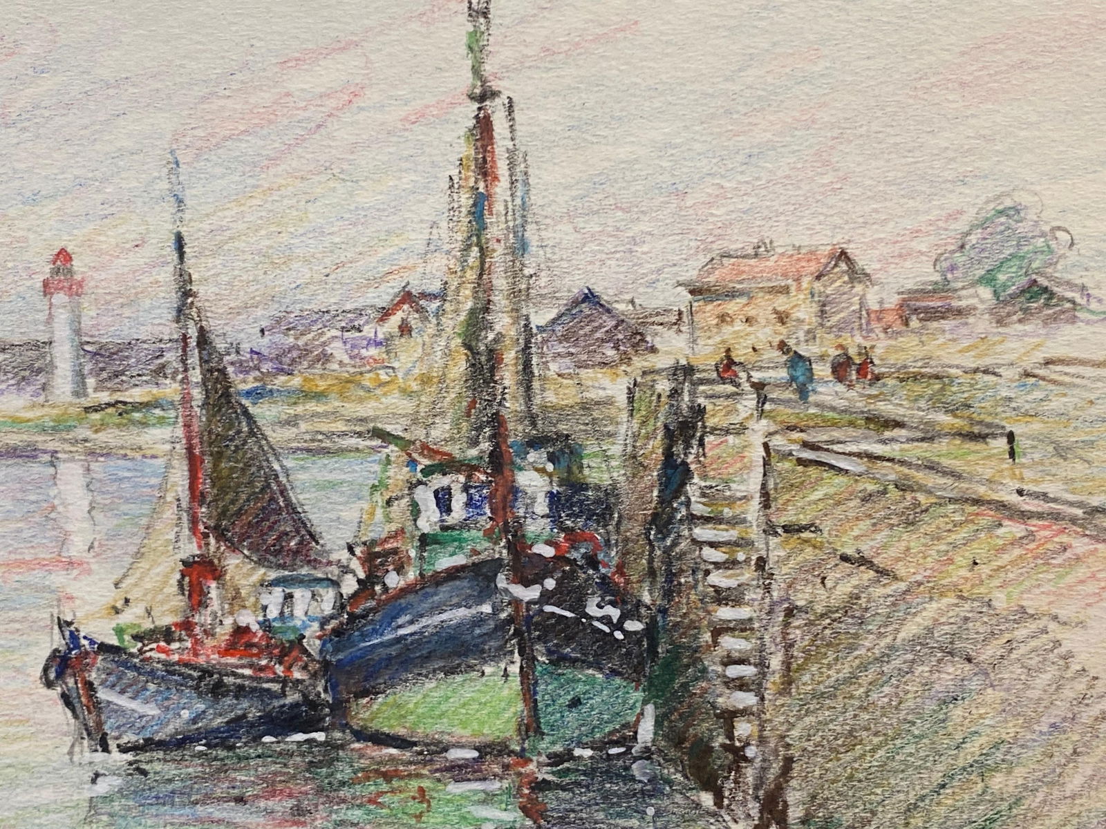 Brittany Fishing Boats in Harbour, French Signed Impressionist Crayon Drawing, circa 1940s - 4