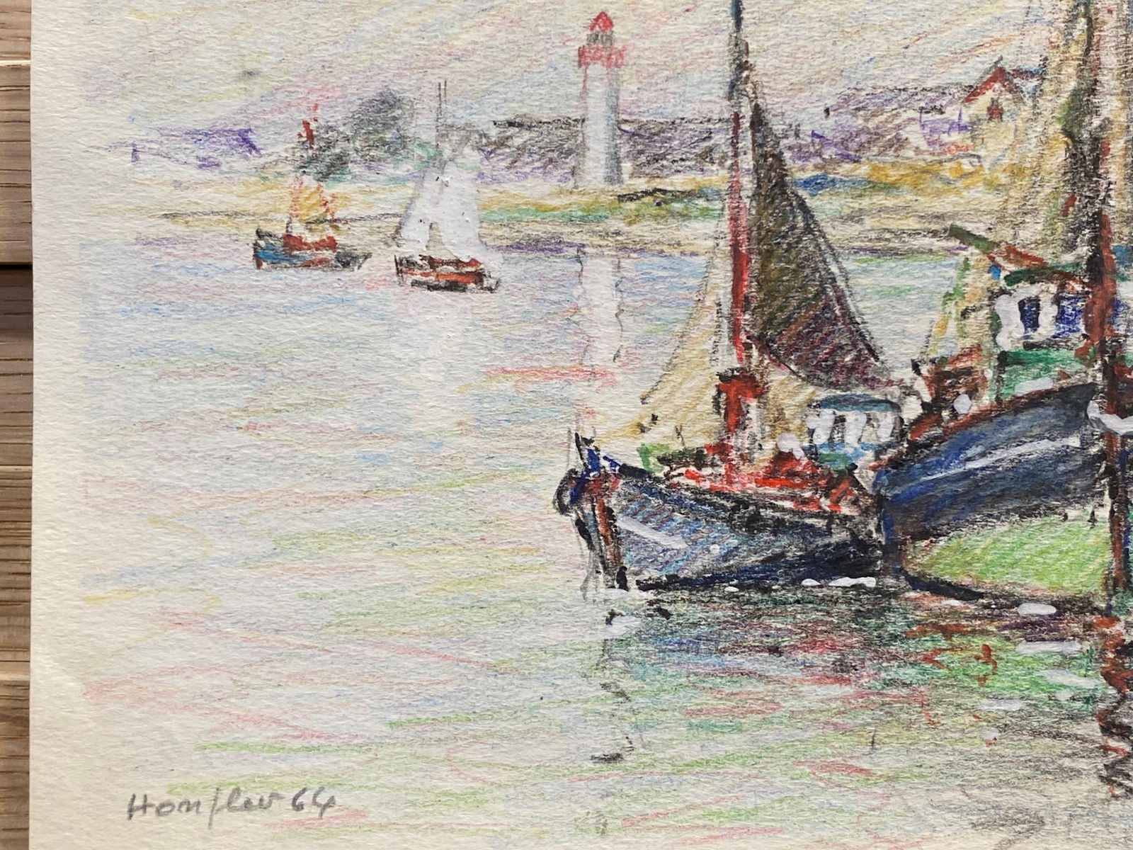 Brittany Fishing Boats in Harbour, French Signed Impressionist Crayon Drawing, circa 1940s - 5