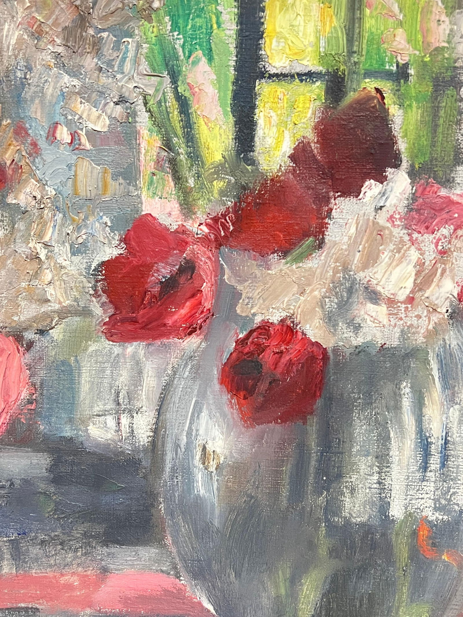 French School; 1950's Mid Century French Impressionist Oil Flowers in Vase in Windowsill - 8