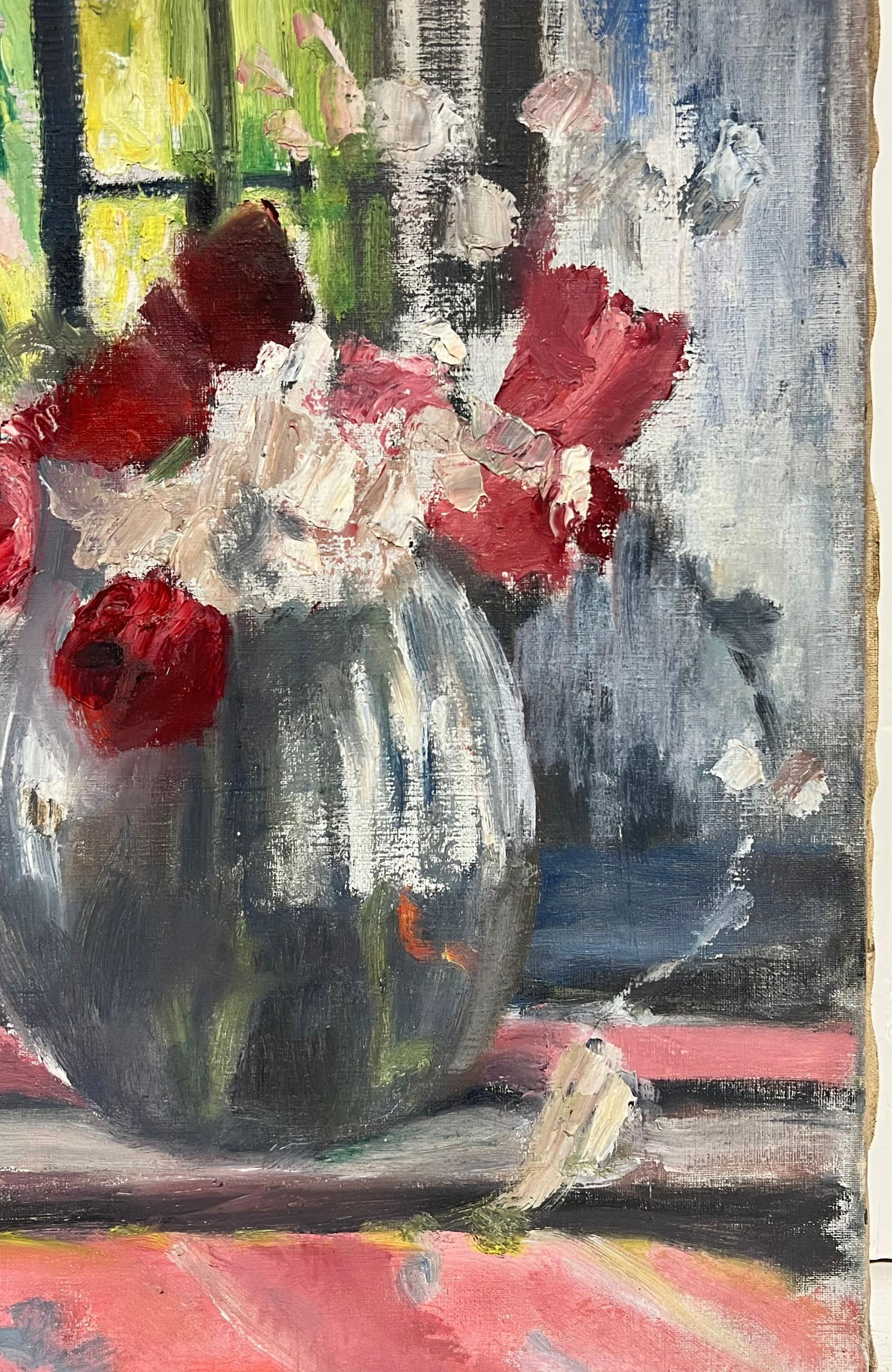 French School; 1950's Mid Century French Impressionist Oil Flowers in Vase in Windowsill - 9