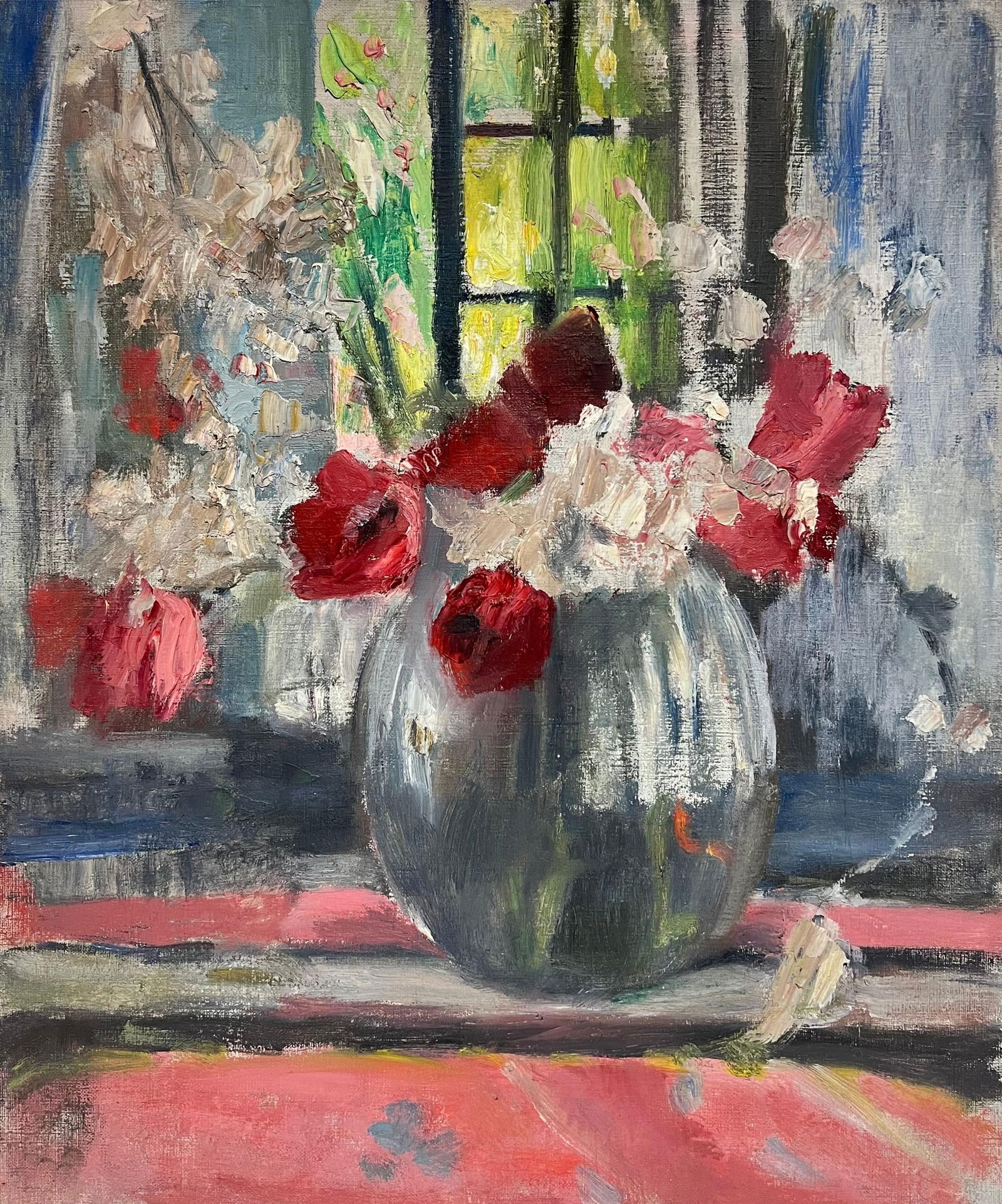 French School; 1950's Mid Century French Impressionist Oil Flowers in Vase in Windowsill (1 of 14)