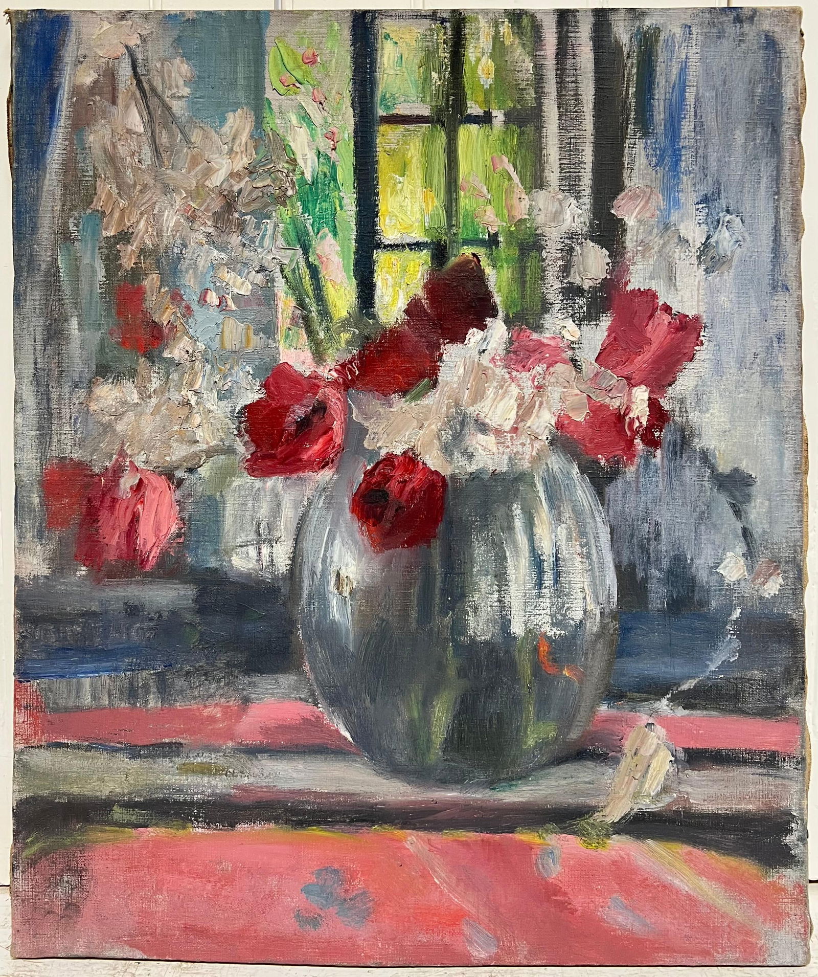 French School; 1950's Mid Century French Impressionist Oil Flowers in Vase in Windowsill - 14