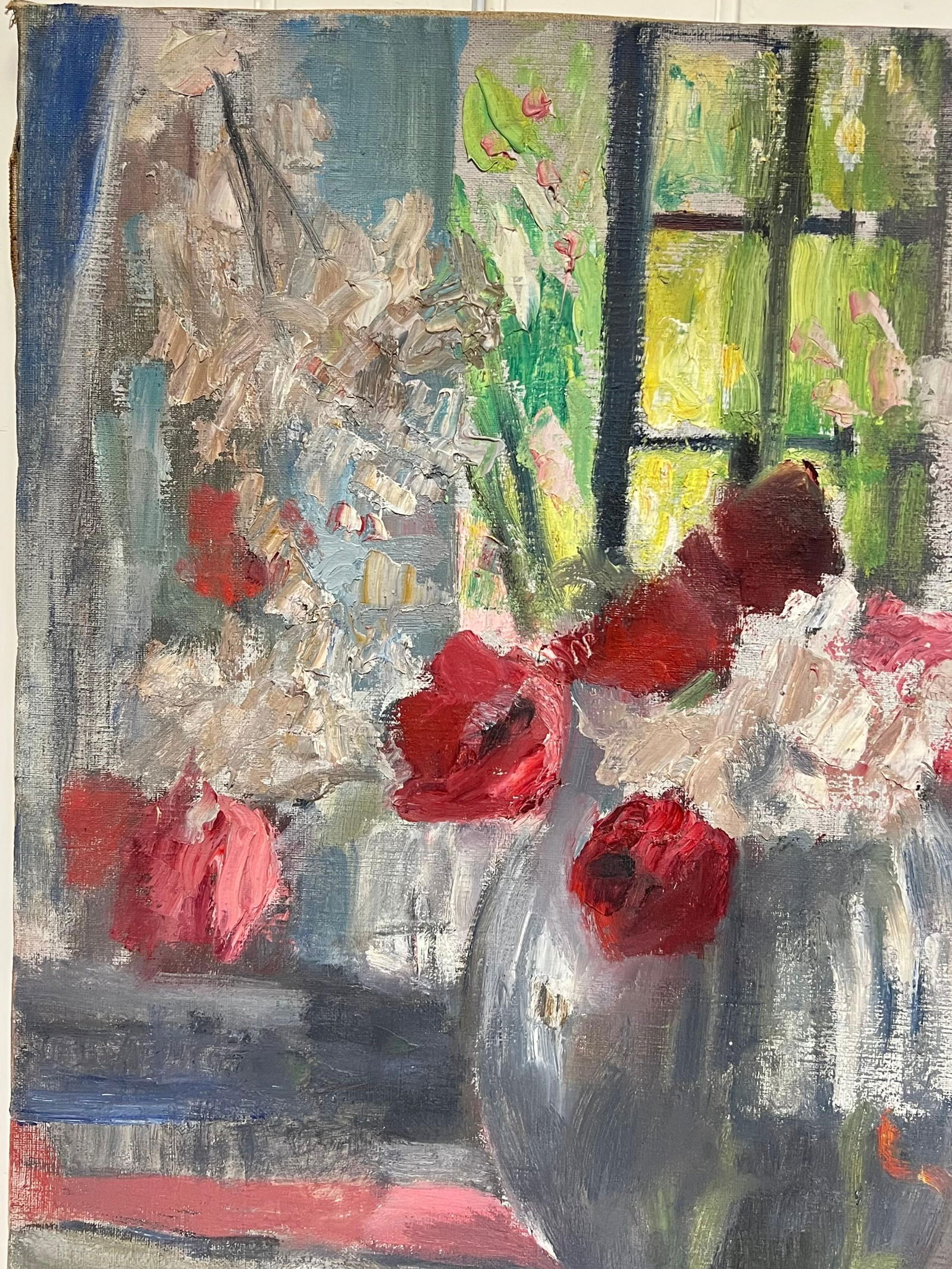 French School; 1950's Mid Century French Impressionist Oil Flowers in Vase in Windowsill - 2