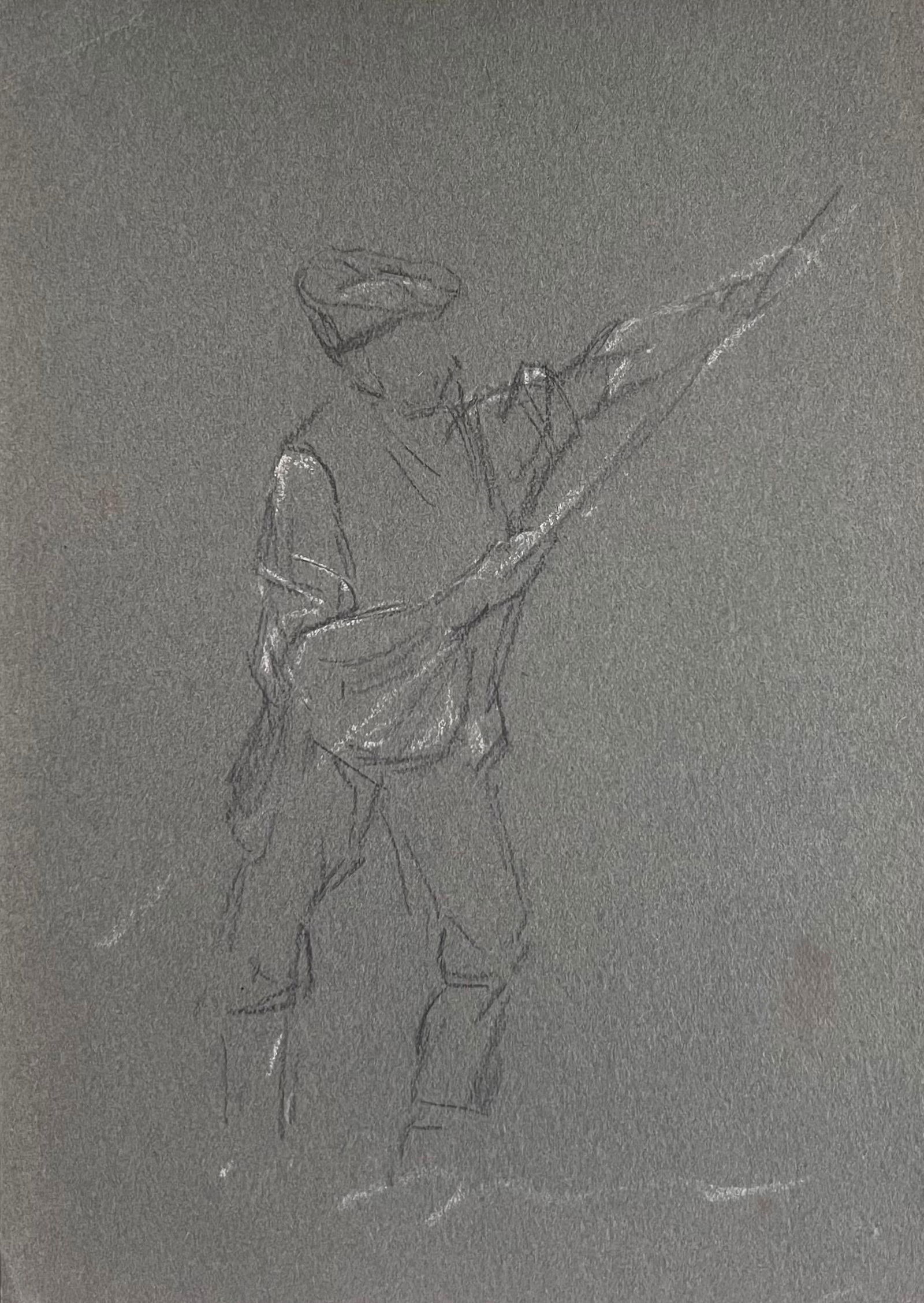 John Rabone Harvey; British Chalk Pencil Sketch of A Fisherman Preparing His Fly Fishing Rod, 1966: Title: John Rabone Harvey; British Chalk Pencil Sketch of A Fisherman Preparing His Fly Fishing Rod, 1966 Description: John Rabone Harvey ( 1966 - 1922) graphic and chalk deep green artist paper , unf