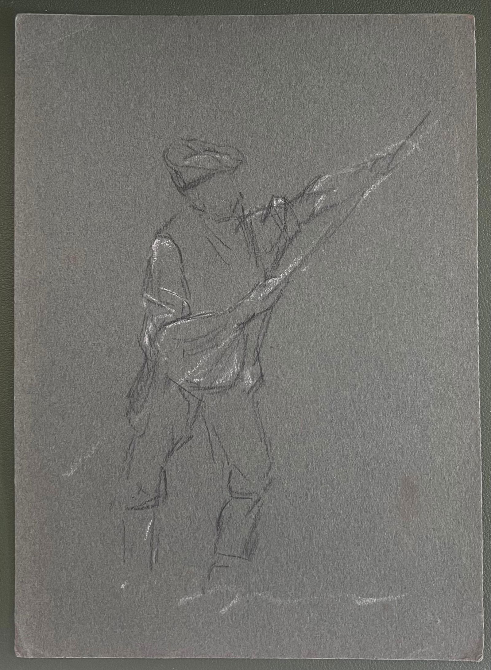 John Rabone Harvey; British Chalk Pencil Sketch of A Fisherman Preparing His Fly Fishing Rod, 1966 - 3