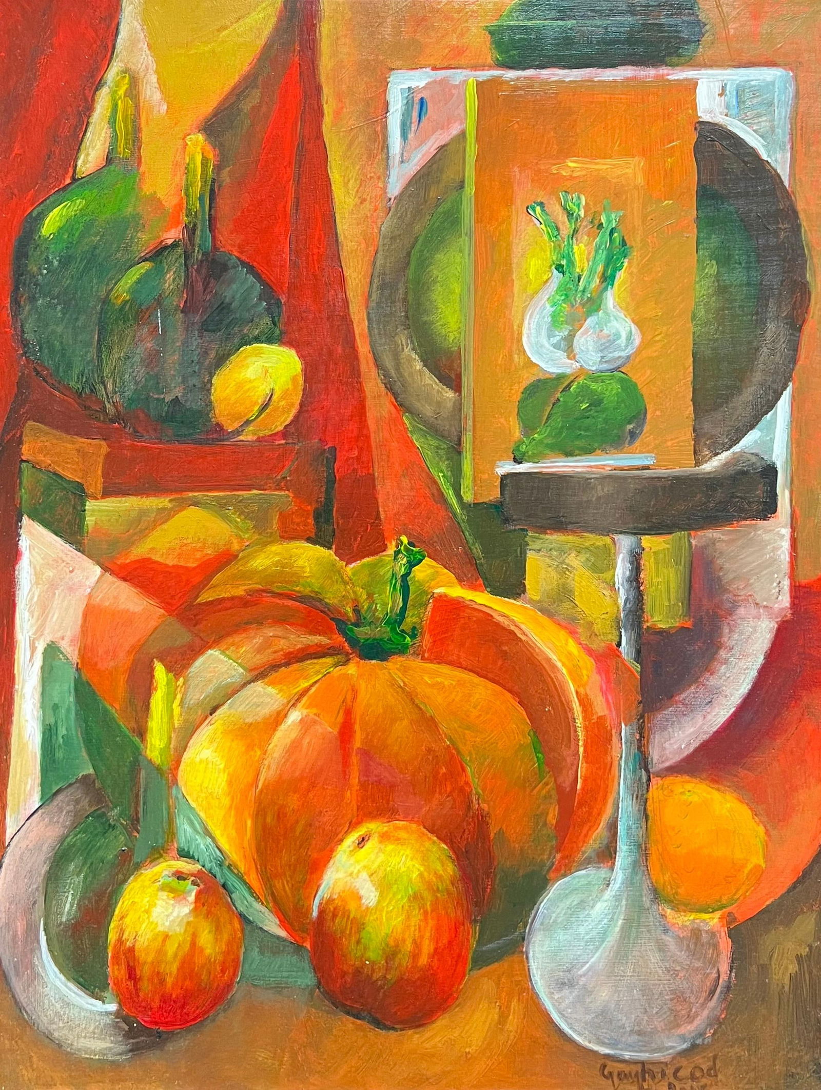 Guy Nicod; Vibrant Orange Still Life of Autumnal Table Display Large French Modernist Oil, 1952 - 4