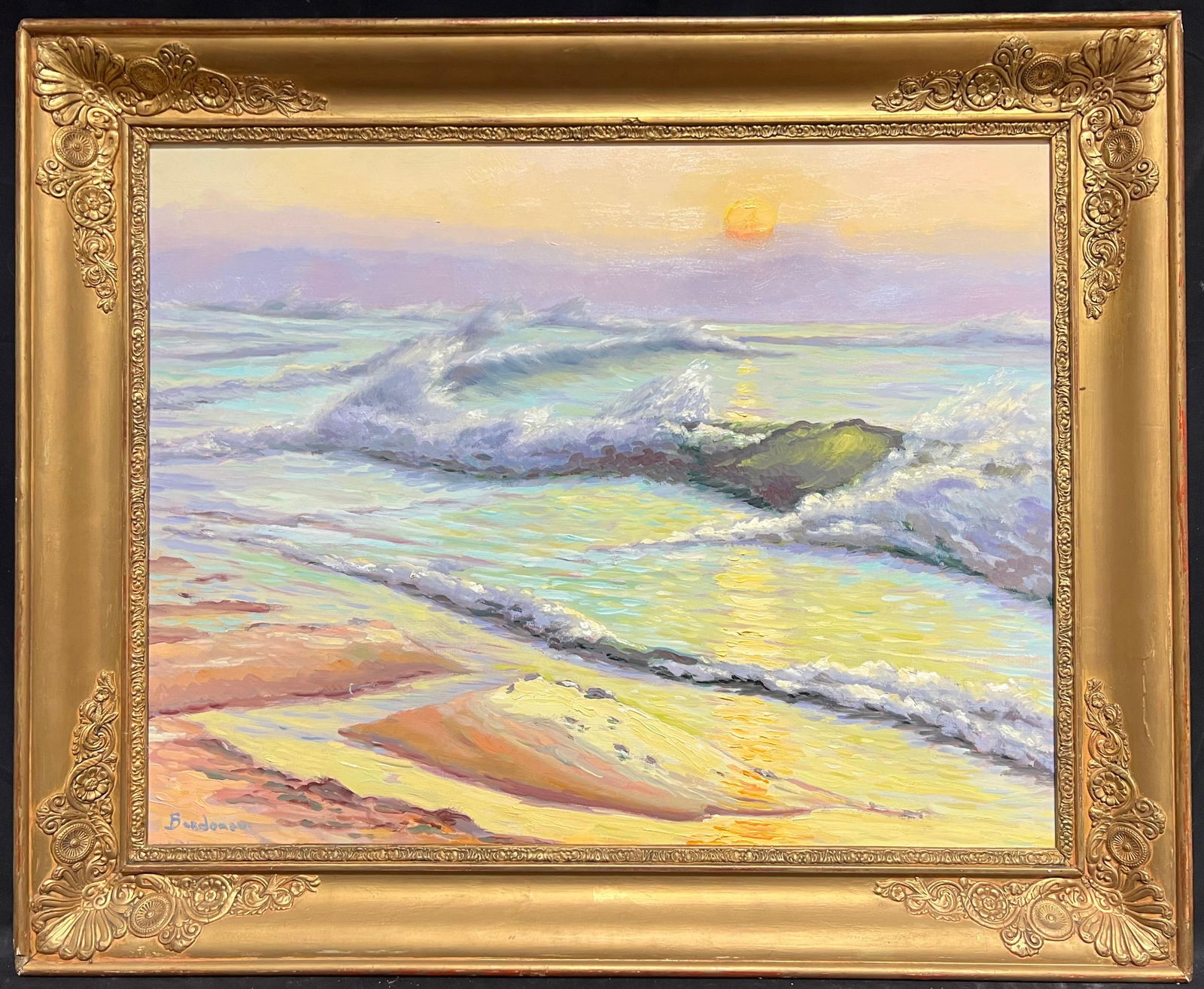 Georges Bordonove; French Impressionist Seascape at Sunset Waves Rolling onto a Sunlit Shoreline: Title: Georges Bordonove; French Impressionist Seascape at Sunset Waves Rolling onto a Sunlit Shoreline Description: Abstract Expressionist Composition by Marie Deloume (French born 1942) signed on ba