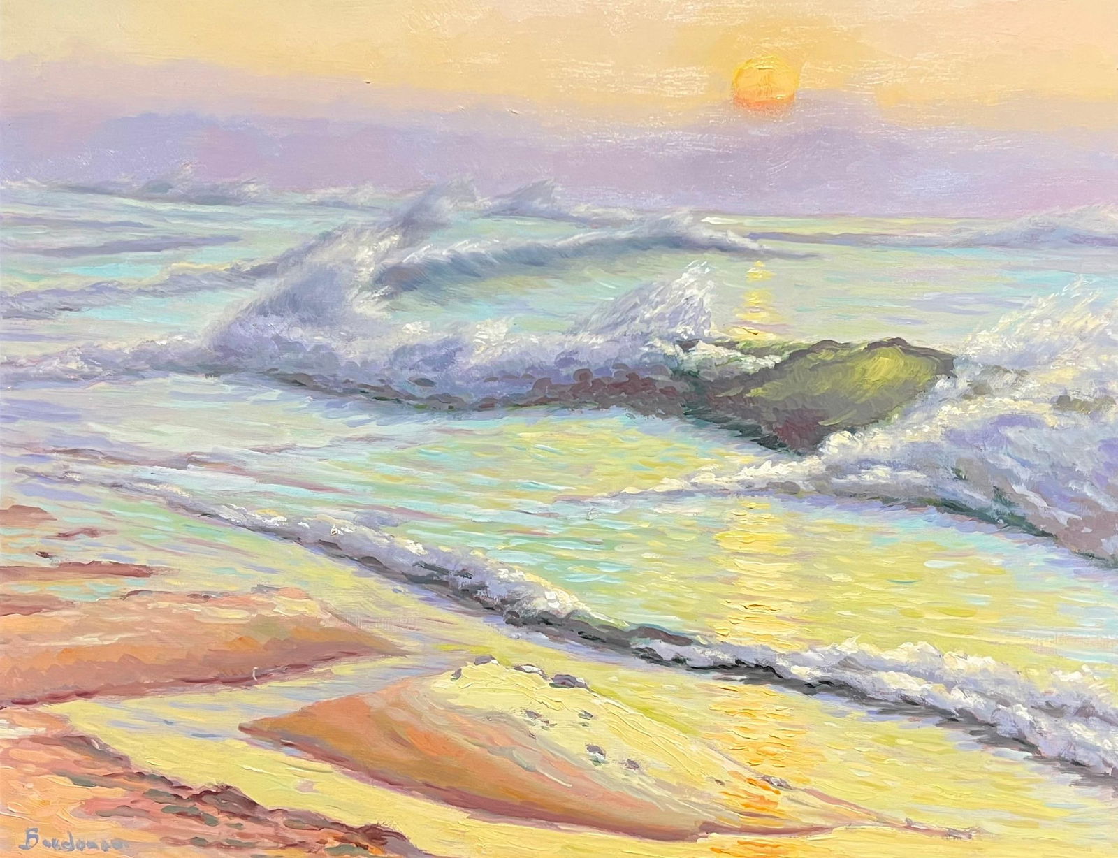 Georges Bordonove; French Impressionist Seascape at Sunset Waves Rolling onto a Sunlit Shoreline - 6