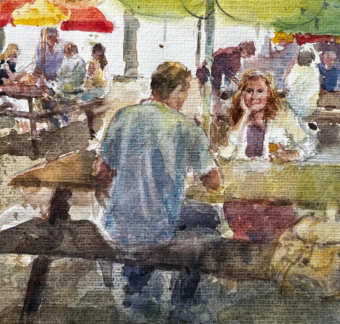 Anthony Herbert; Outdoor Cafe Scene With Market Umbrellas and Wooden Picnic Benches - 10