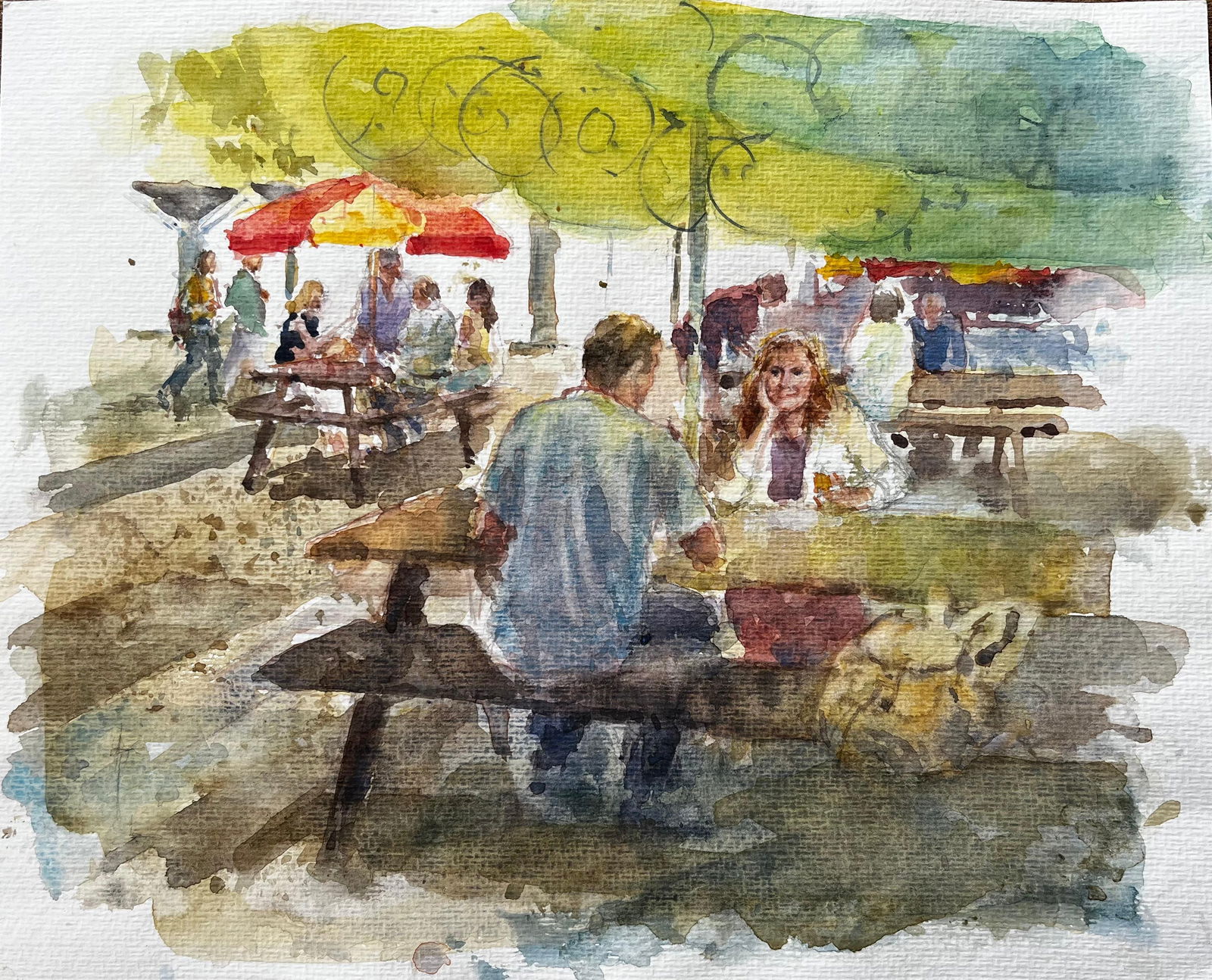 Anthony Herbert; Outdoor Cafe Scene With Market Umbrellas and Wooden Picnic Benches - 4