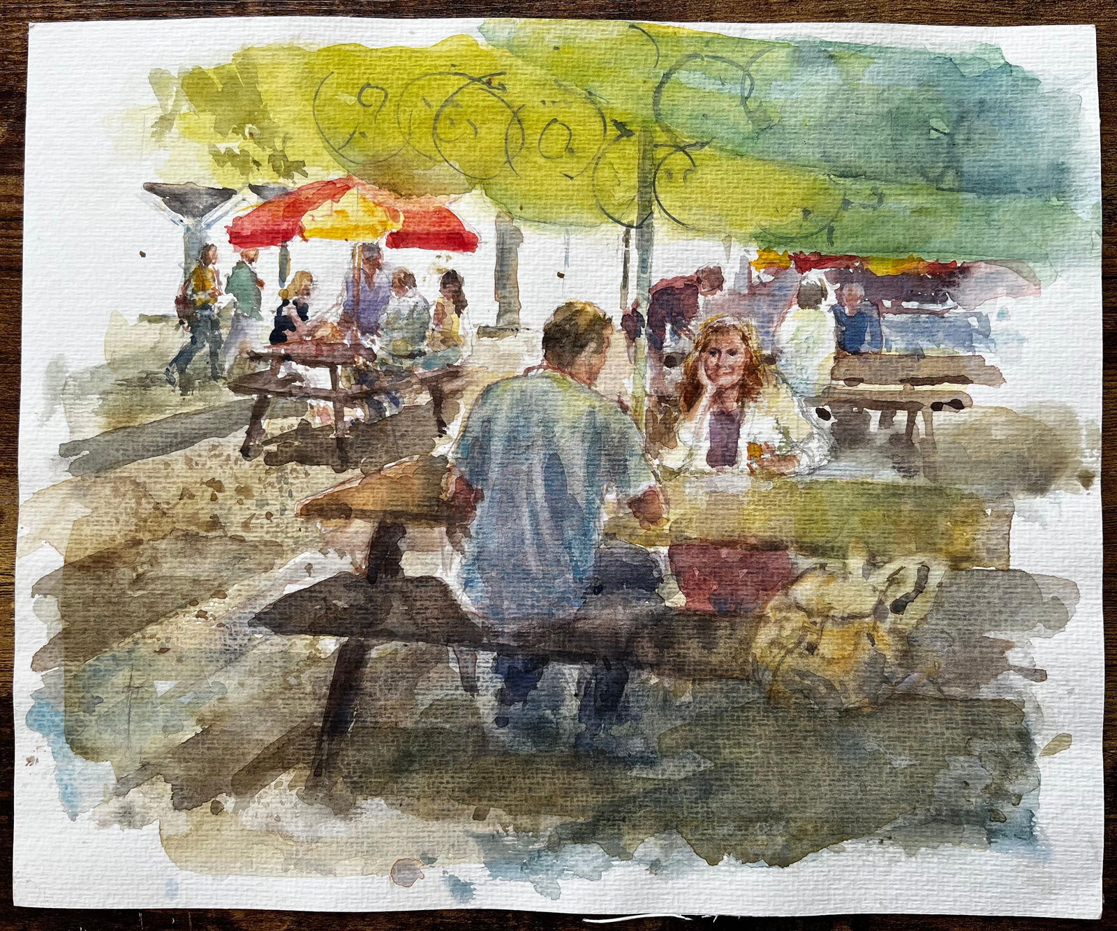 Anthony Herbert; Outdoor Cafe Scene With Market Umbrellas and Wooden Picnic Benches - 5