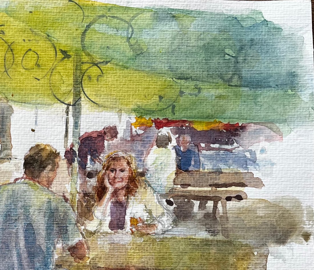 Anthony Herbert; Outdoor Cafe Scene With Market Umbrellas and Wooden Picnic Benches - 6