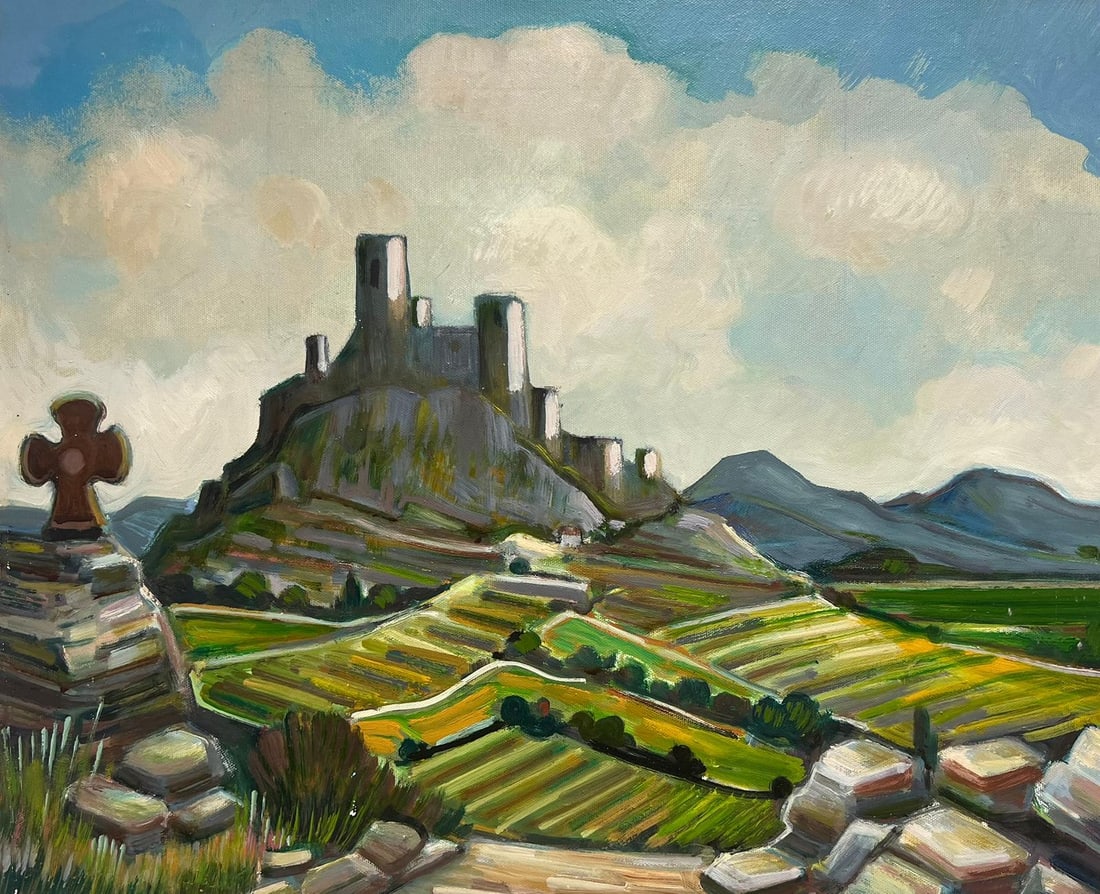 Max Toutain; Provencal Hilltop Village South of France Green Landscape French Oil Painting: Title: Max Toutain; Provencal Hilltop Village South of France Green Landscape French Oil Painting Description: The Village Square French School, early 20th century signed watercolor on artist paper, f