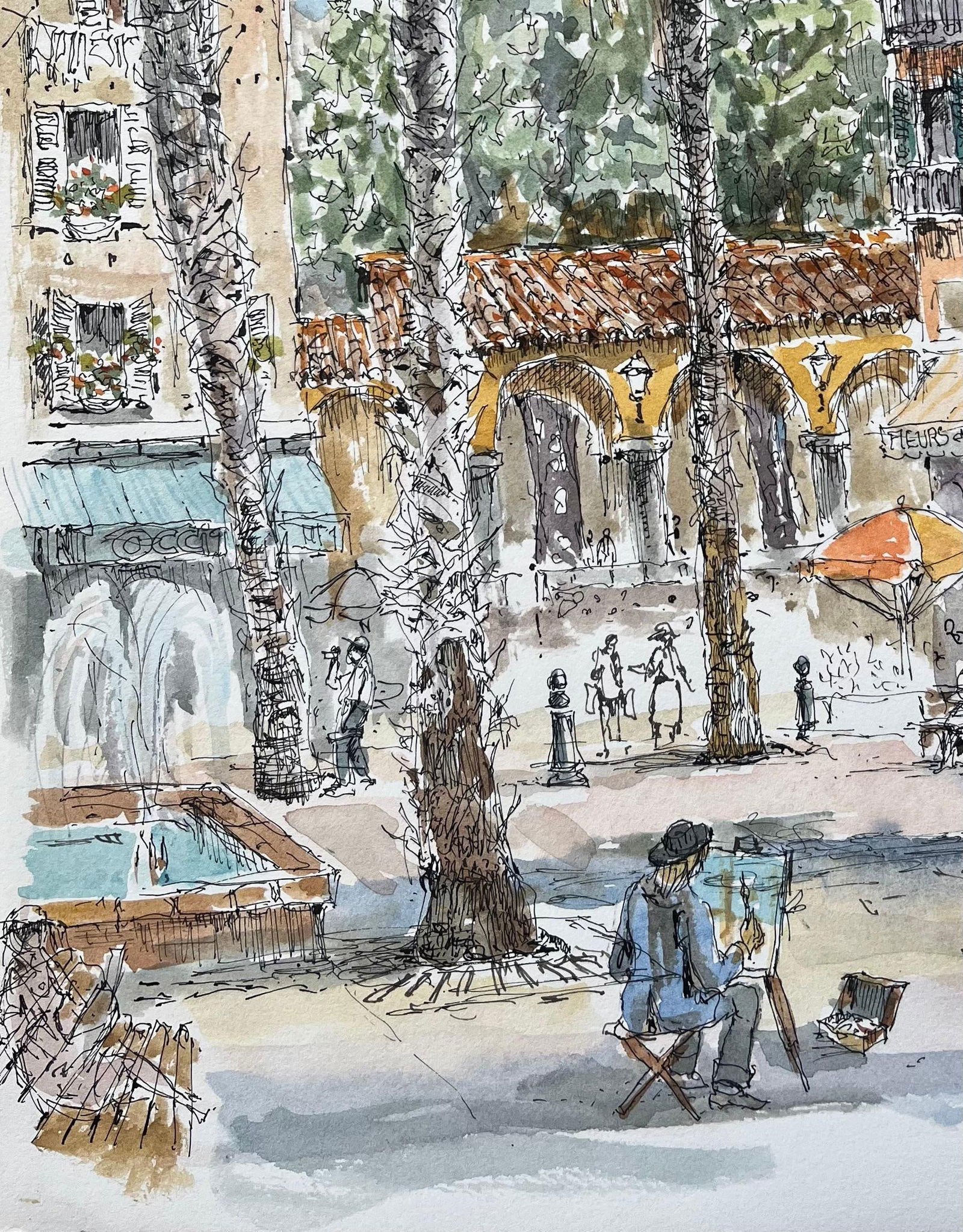 Robert Lepine (1929 - 2017); French Watercolor of Vibrant Square with Painter, Palm Trees, and - 8