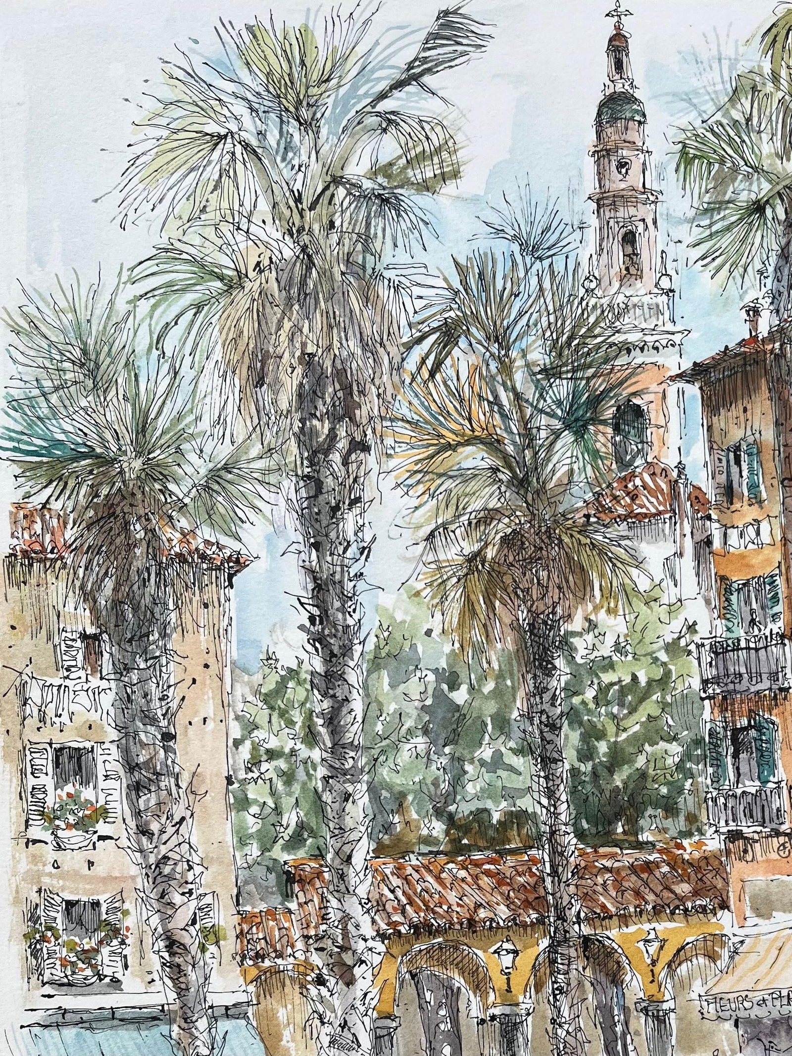 Robert Lepine (1929 - 2017); French Watercolor of Vibrant Square with Painter, Palm Trees, and - 9