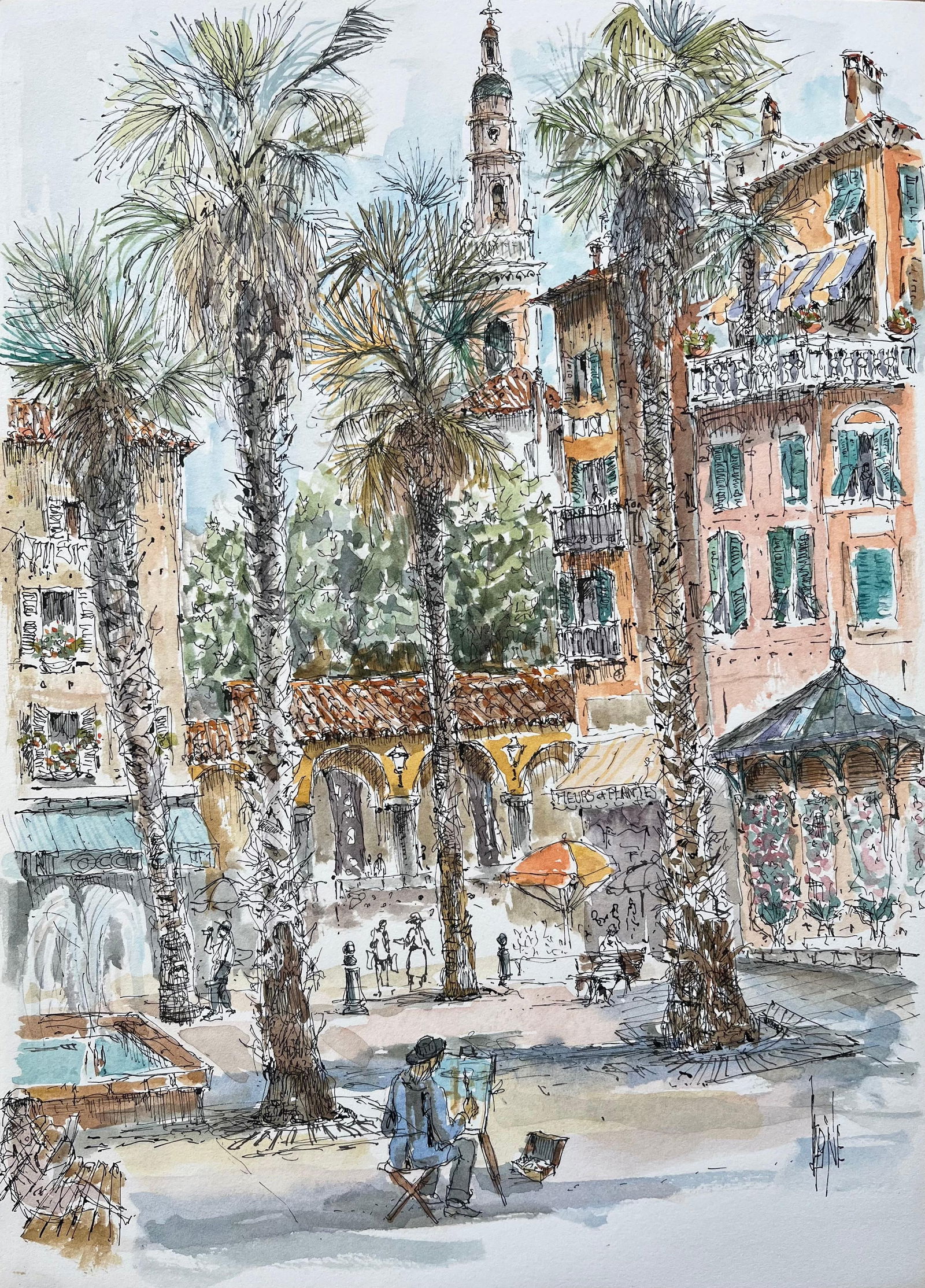 Robert Lepine (1929 - 2017); French Watercolor of Vibrant Square with Painter, Palm Trees, and - 11