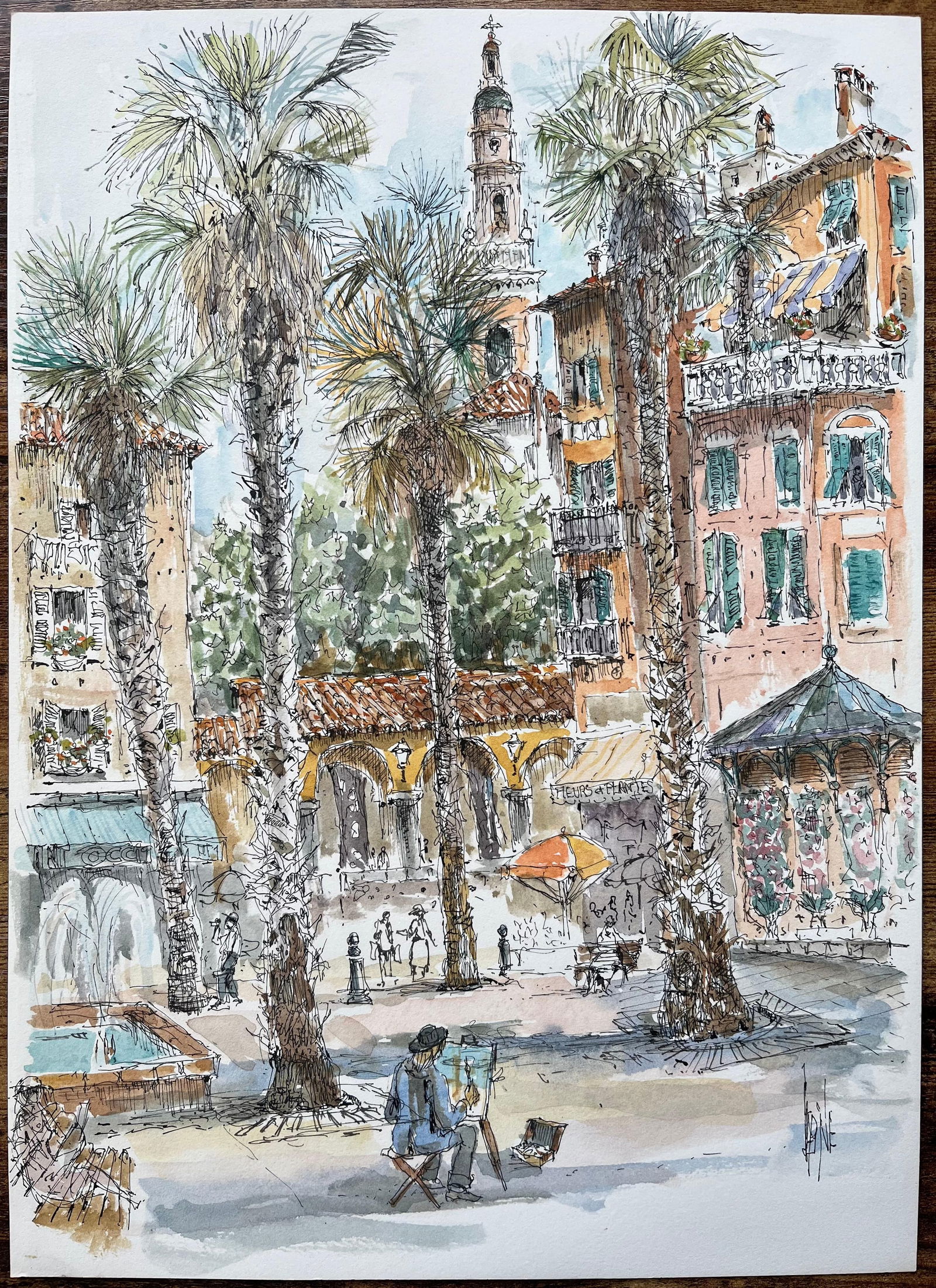 Robert Lepine (1929 - 2017); French Watercolor of Vibrant Square with Painter, Palm Trees, and - 12
