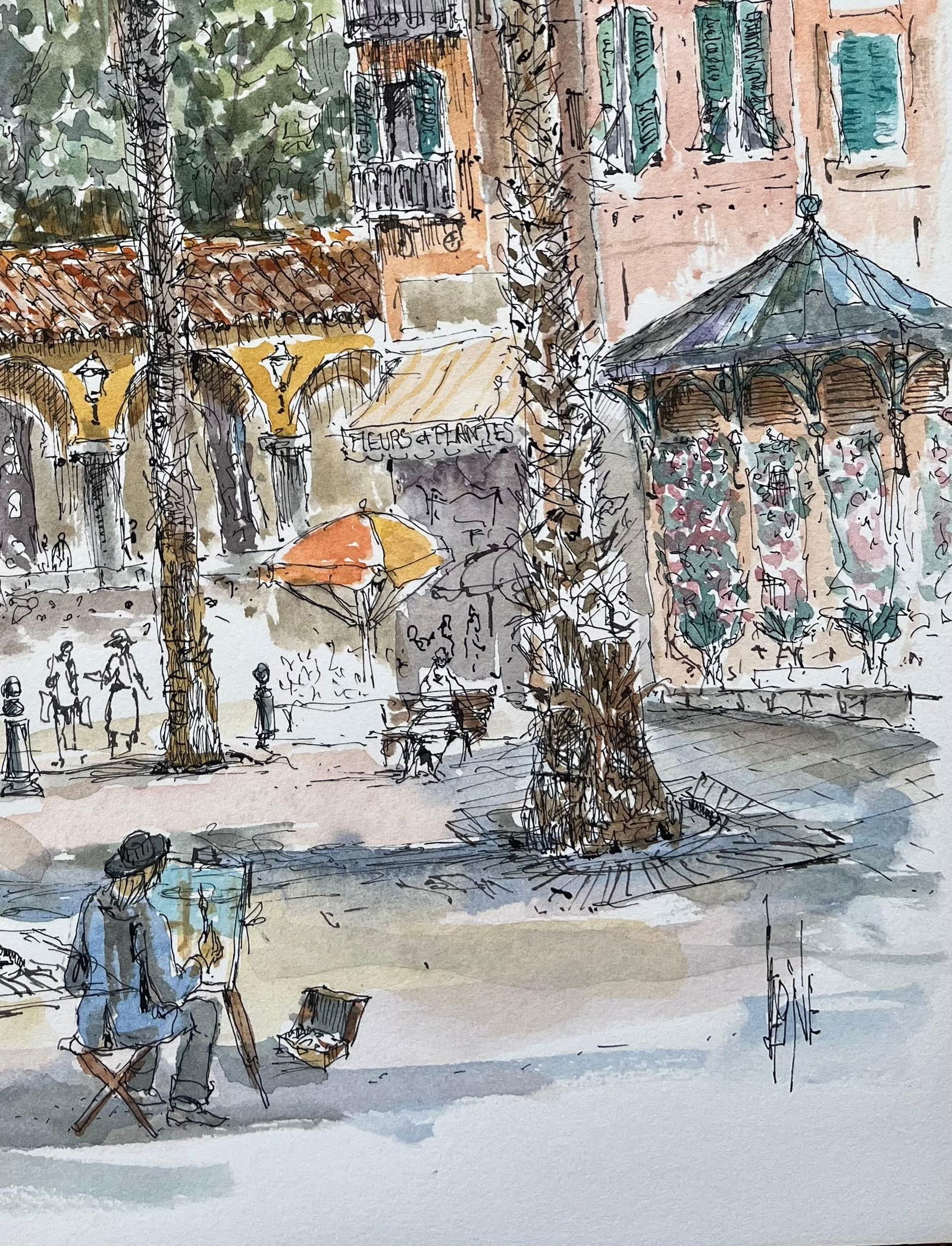 Robert Lepine (1929 - 2017); French Watercolor of Vibrant Square with Painter, Palm Trees, and - 13