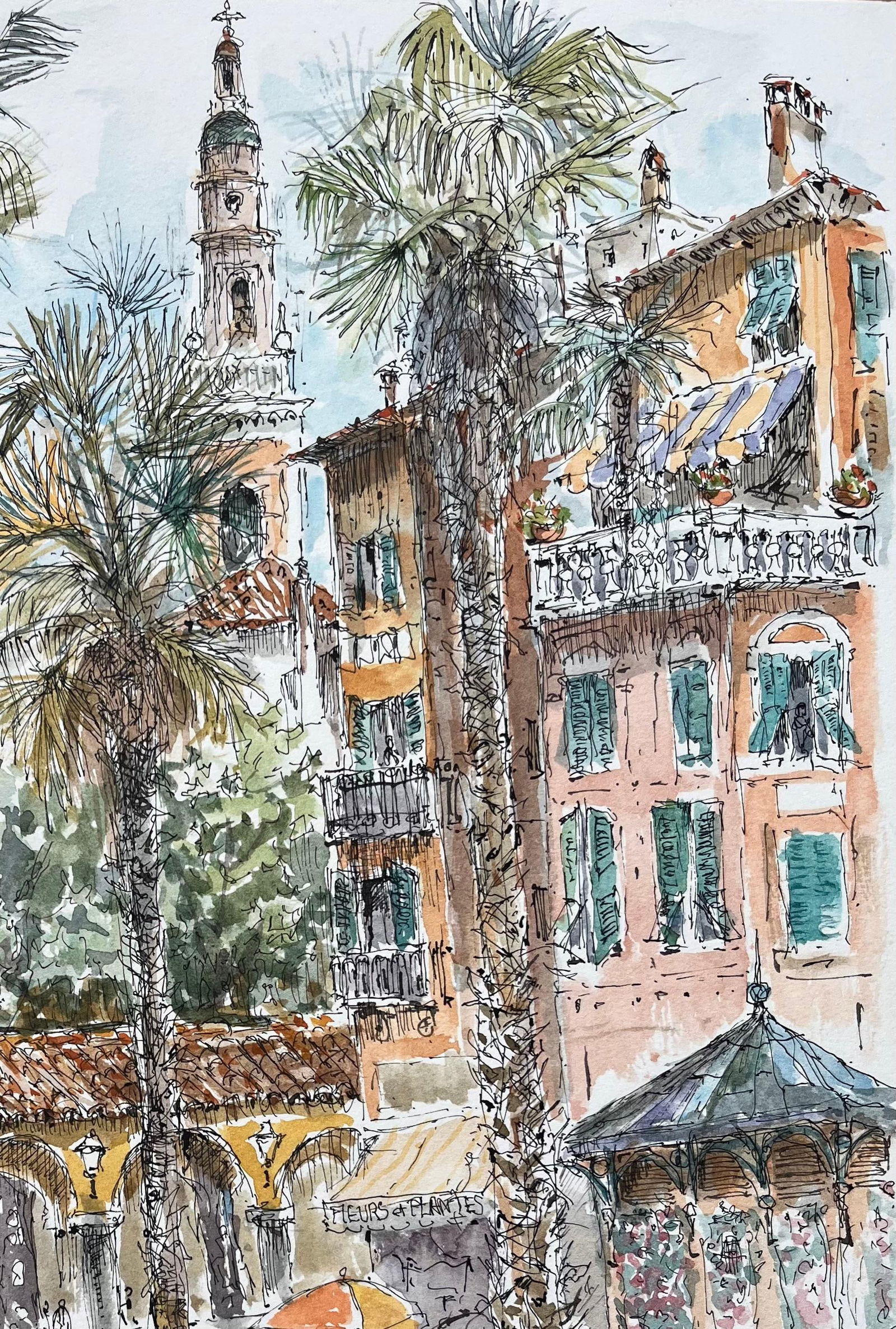 Robert Lepine (1929 - 2017); French Watercolor of Vibrant Square with Painter, Palm Trees, and - 14